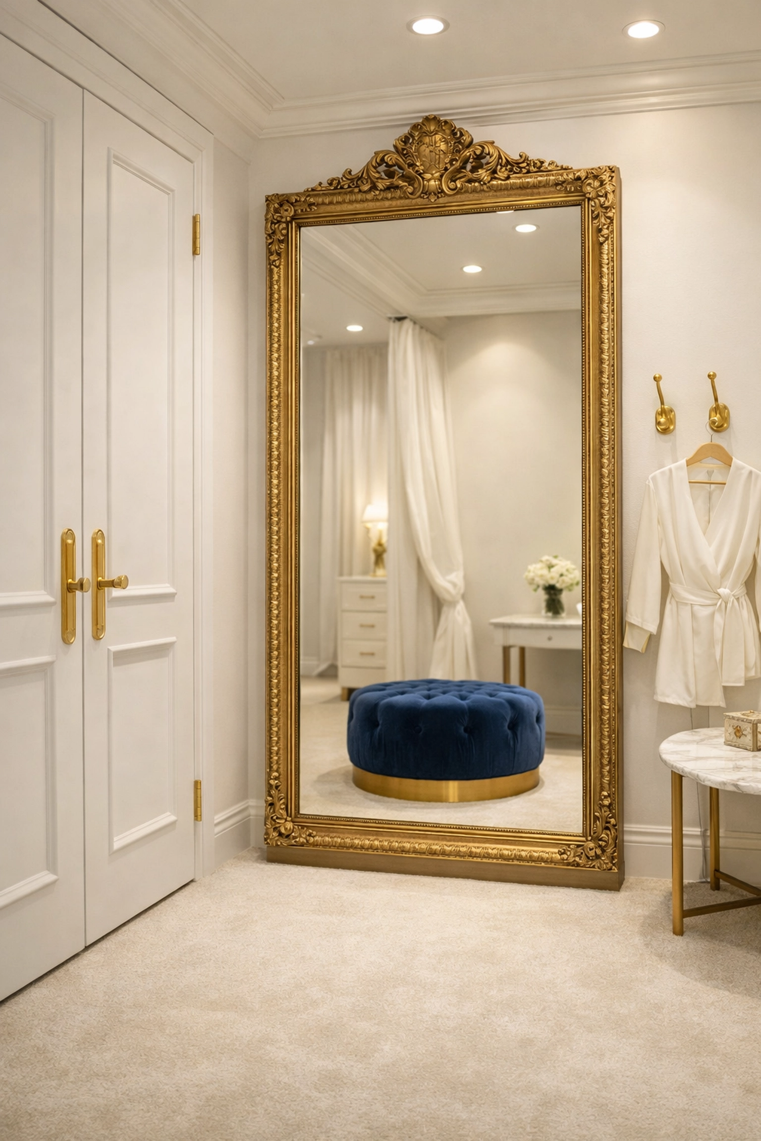 Clean and sanitized luxury boutique fitting room with a spotless mirror and elegant decor.