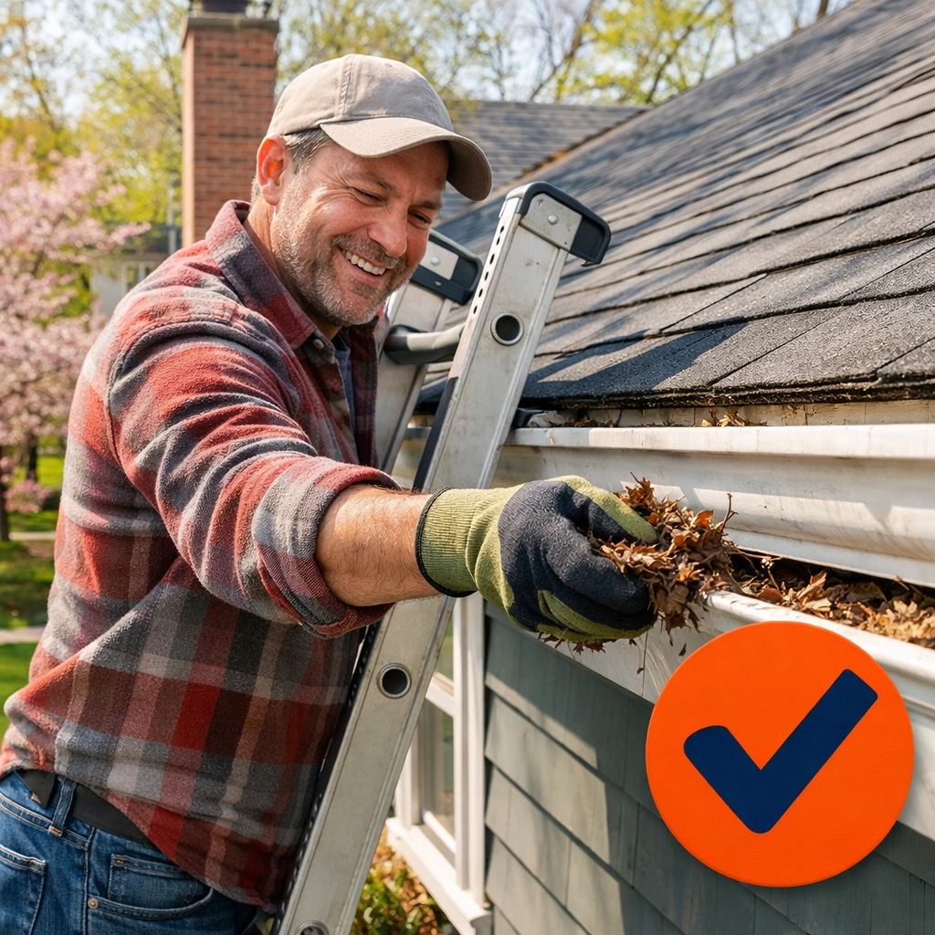 Homeowner cleaning gutters on a sturdy ladder during spring maintenance, symbolizing home care savings.