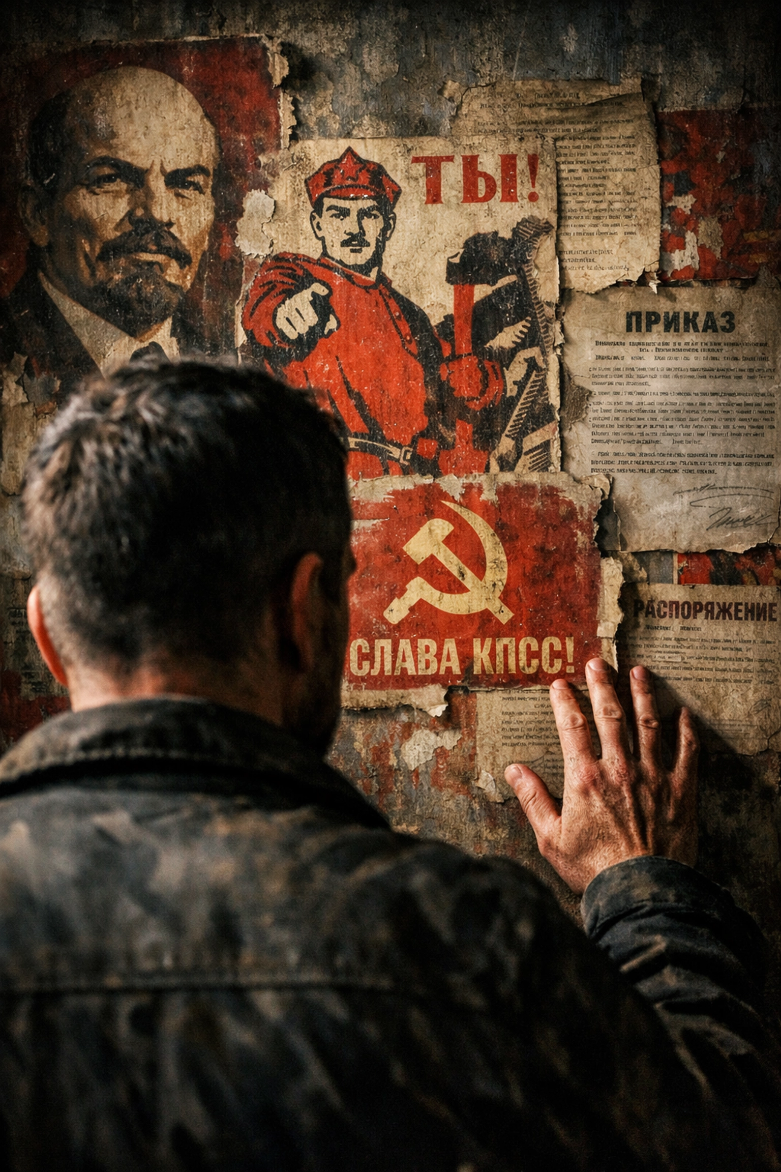 Man facing Soviet propaganda posters symbolizing gay oppression under Article 121