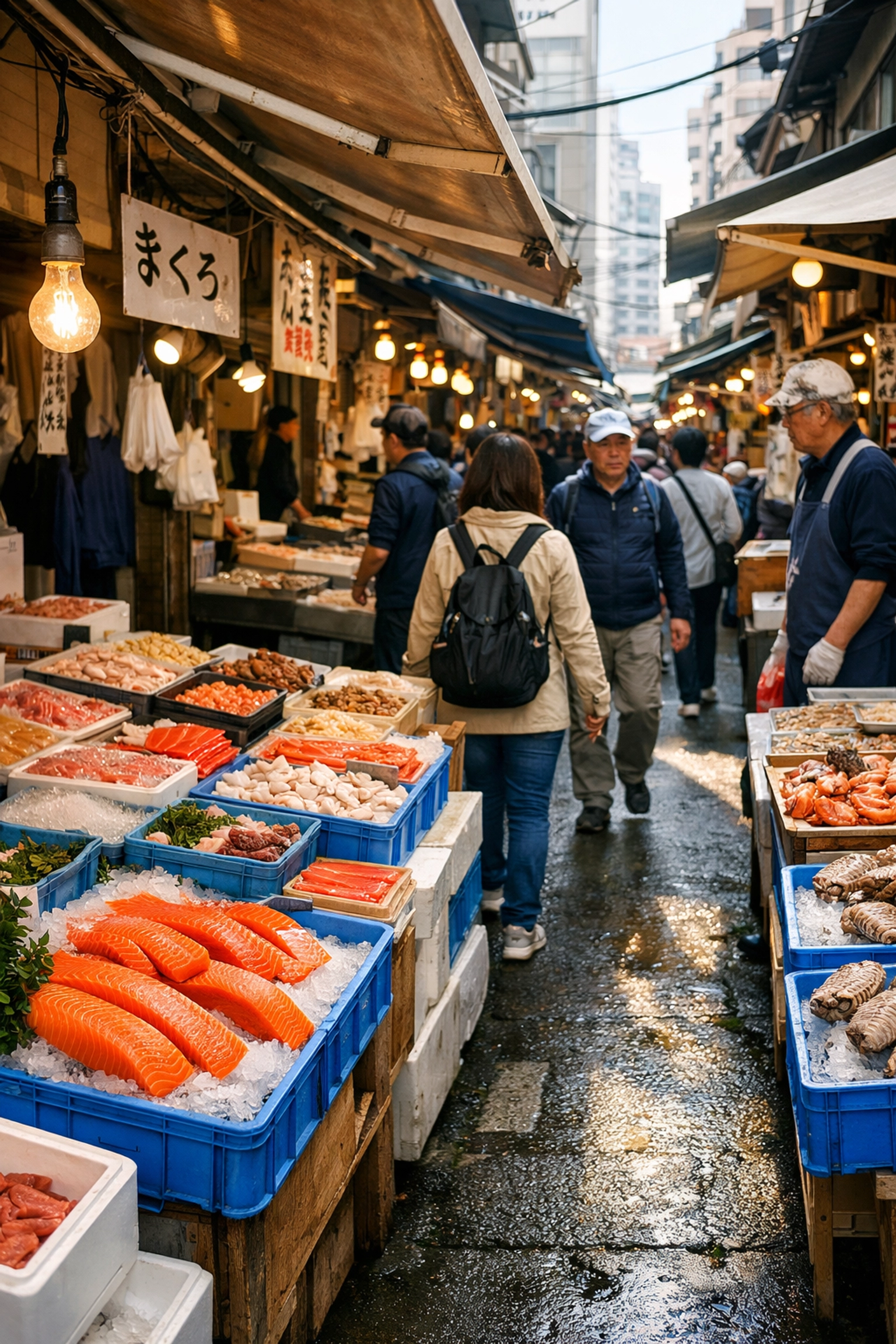 Crowded alleyway at Tsukiji Outer Market in Tokyo with fresh seafood stalls and shoppers.