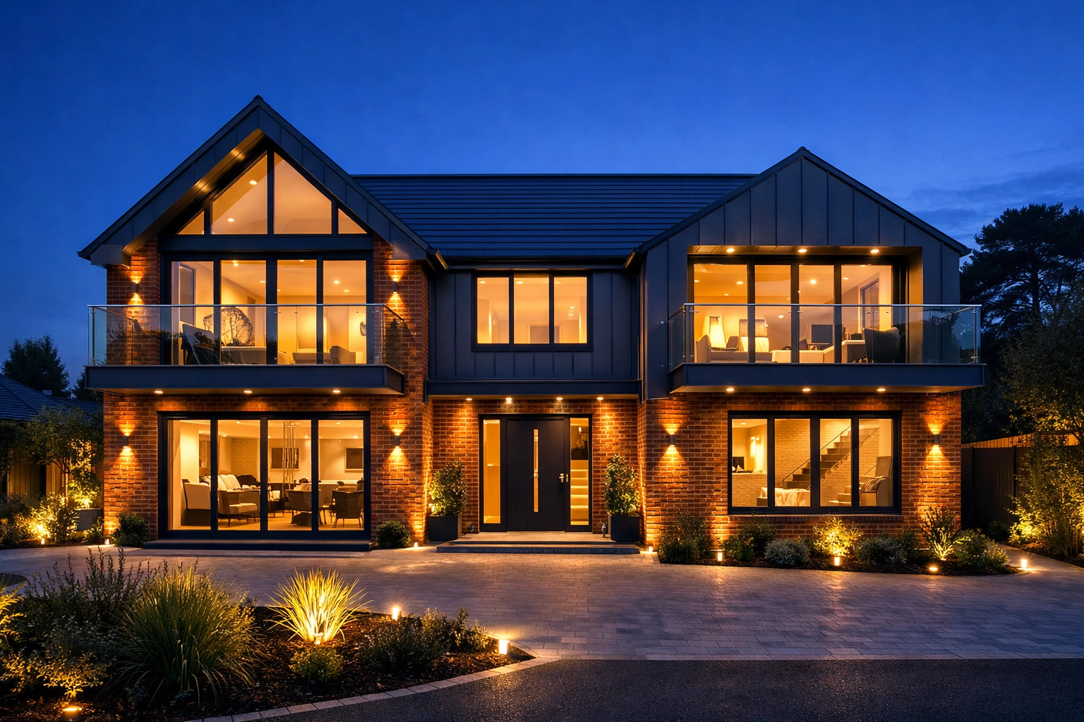 Finished two-storey bungalow transformation in West Sussex with modern cladding and balconies.