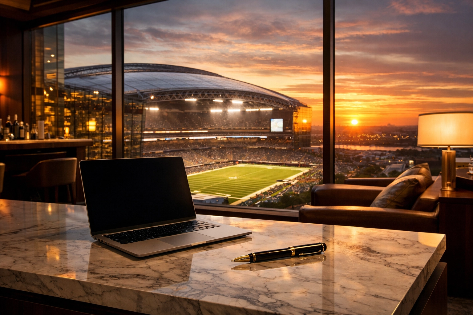 Professional executive lounge overlooking a football stadium for Super Bowl brand strategy.