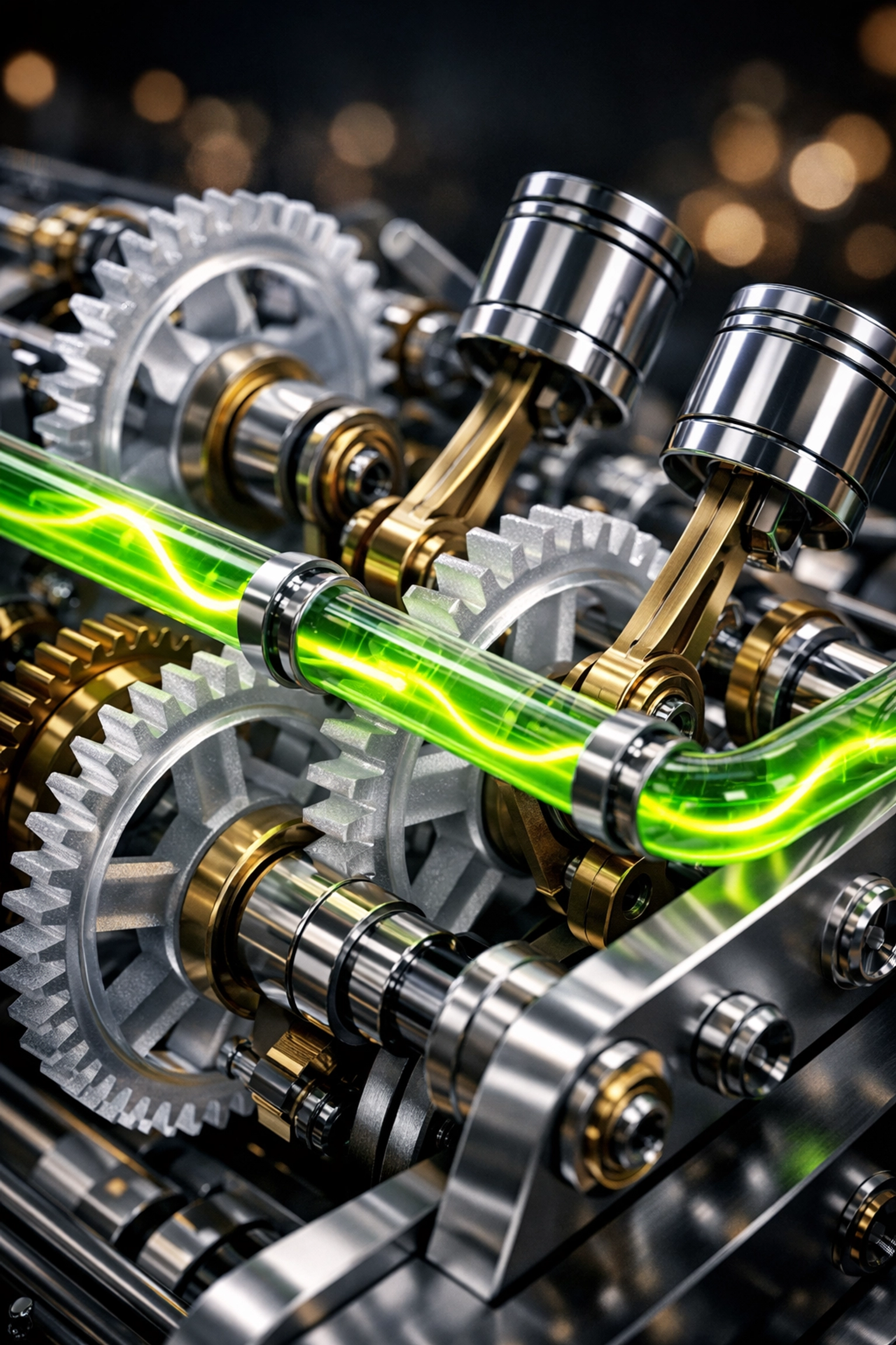 High-tech engine with glowing green energy representing healthy small business cash flow.