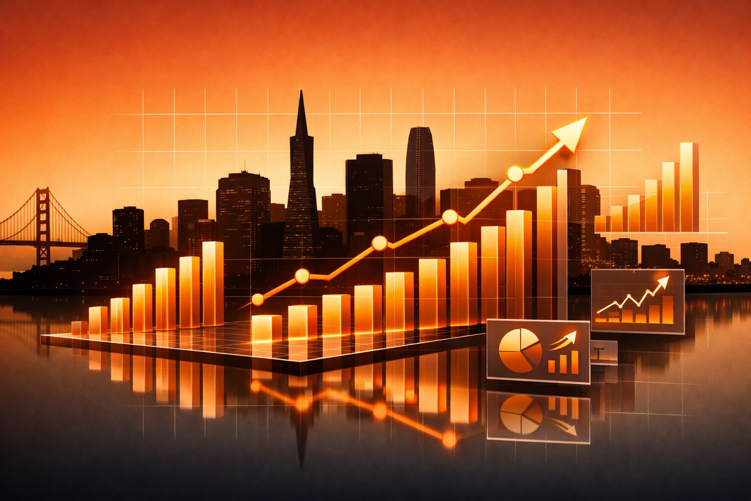San Francisco skyline with upward trending Bay Area housing market data visualization