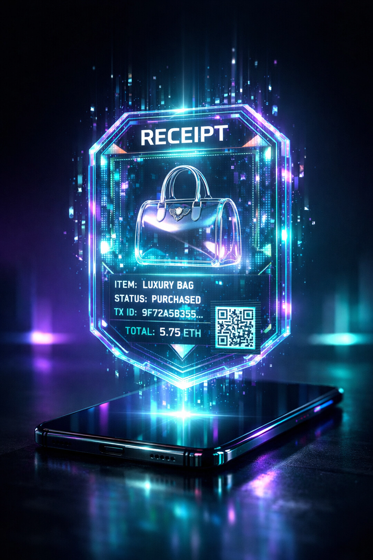 Iridescent holographic NFT receipt above a smartphone representing secure Web3 payment proof of purchase.