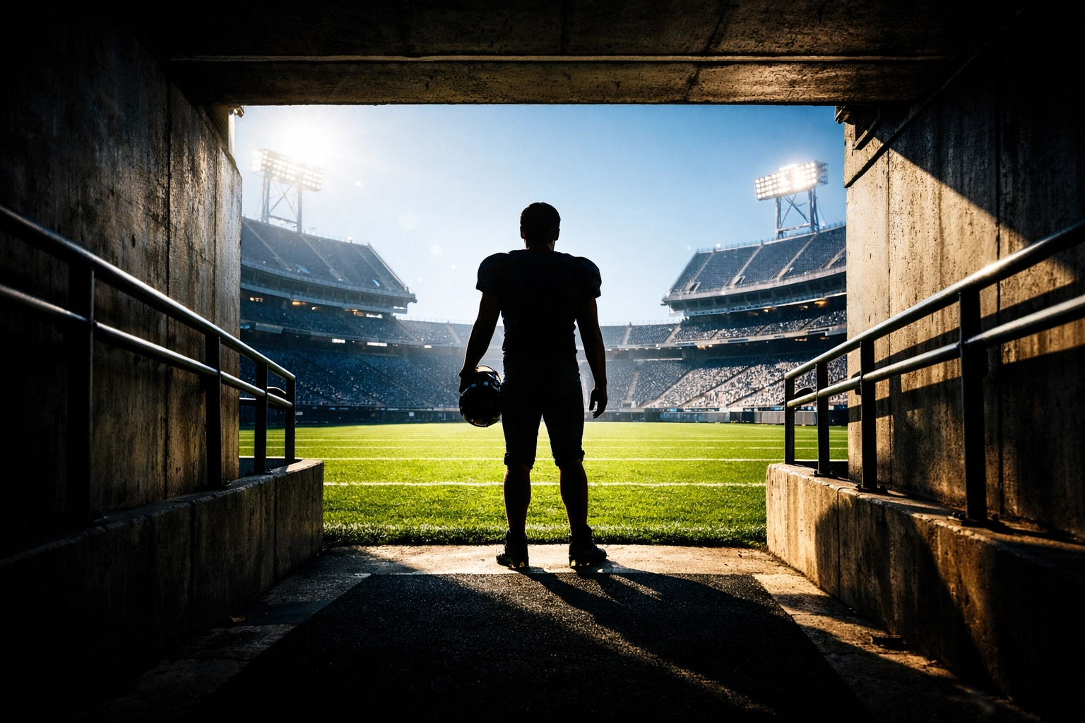A silhouetted student-athlete looking at a football field, representing the future of sports marketing.