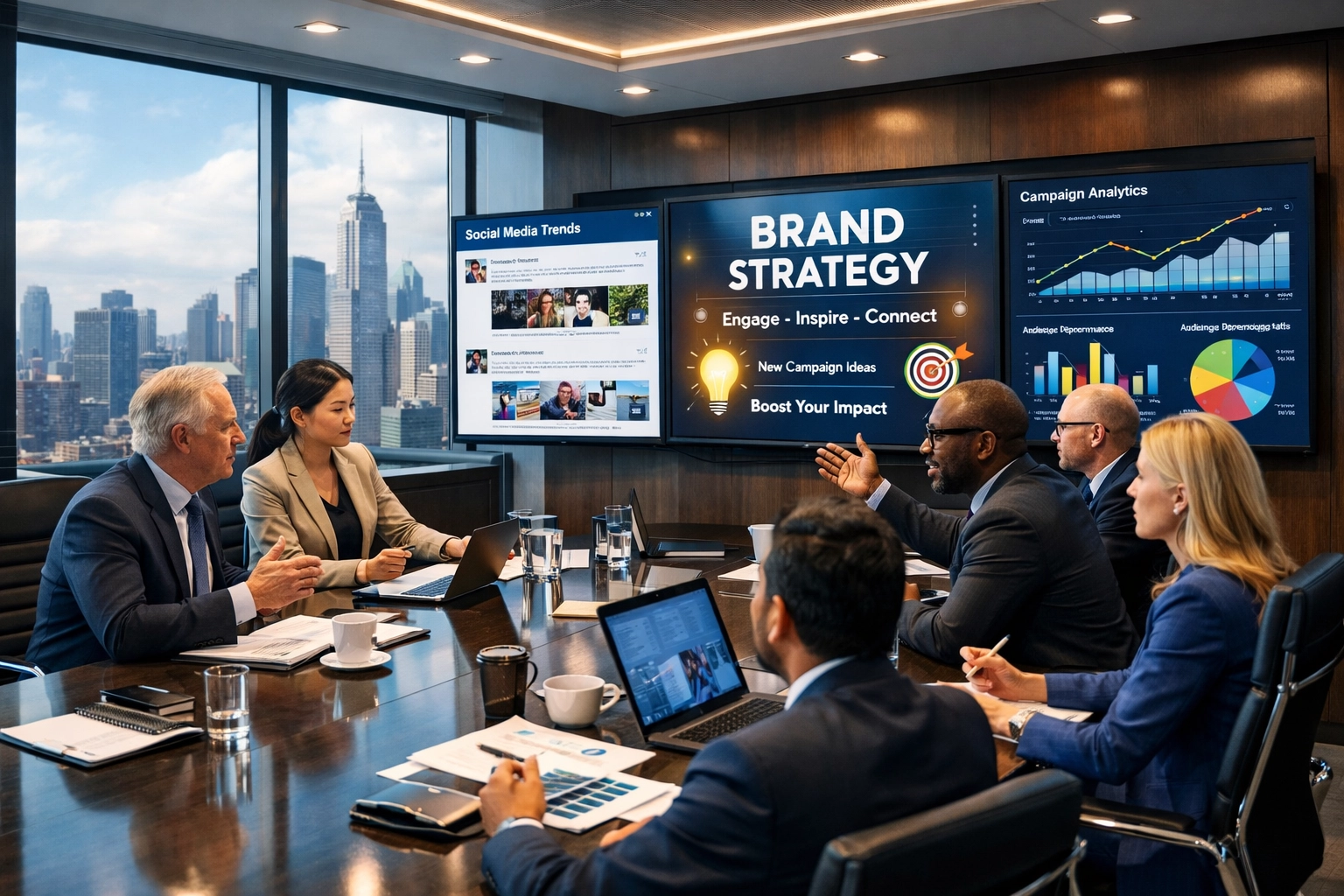 How to Turn Super Bowl Corporate Travel Into a Million-Dollar Branding Opportunity (5-Step Executive Guide) Corporate executives collaborating on Super Bowl brand strategy in modern boardroom