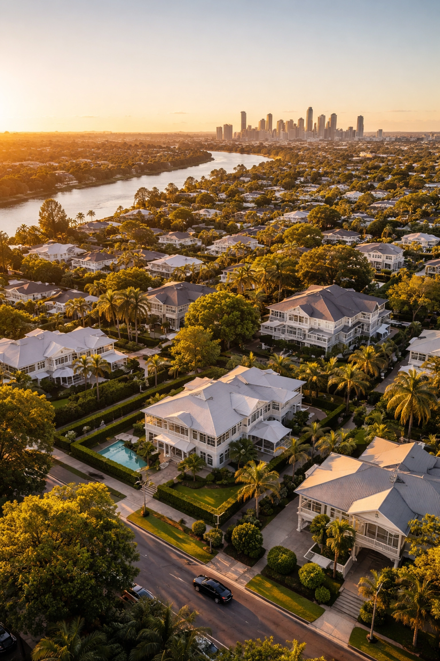 Aerial view of Ascot suburb in Brisbane at sunset, showcasing affluent real estate and local expertise.