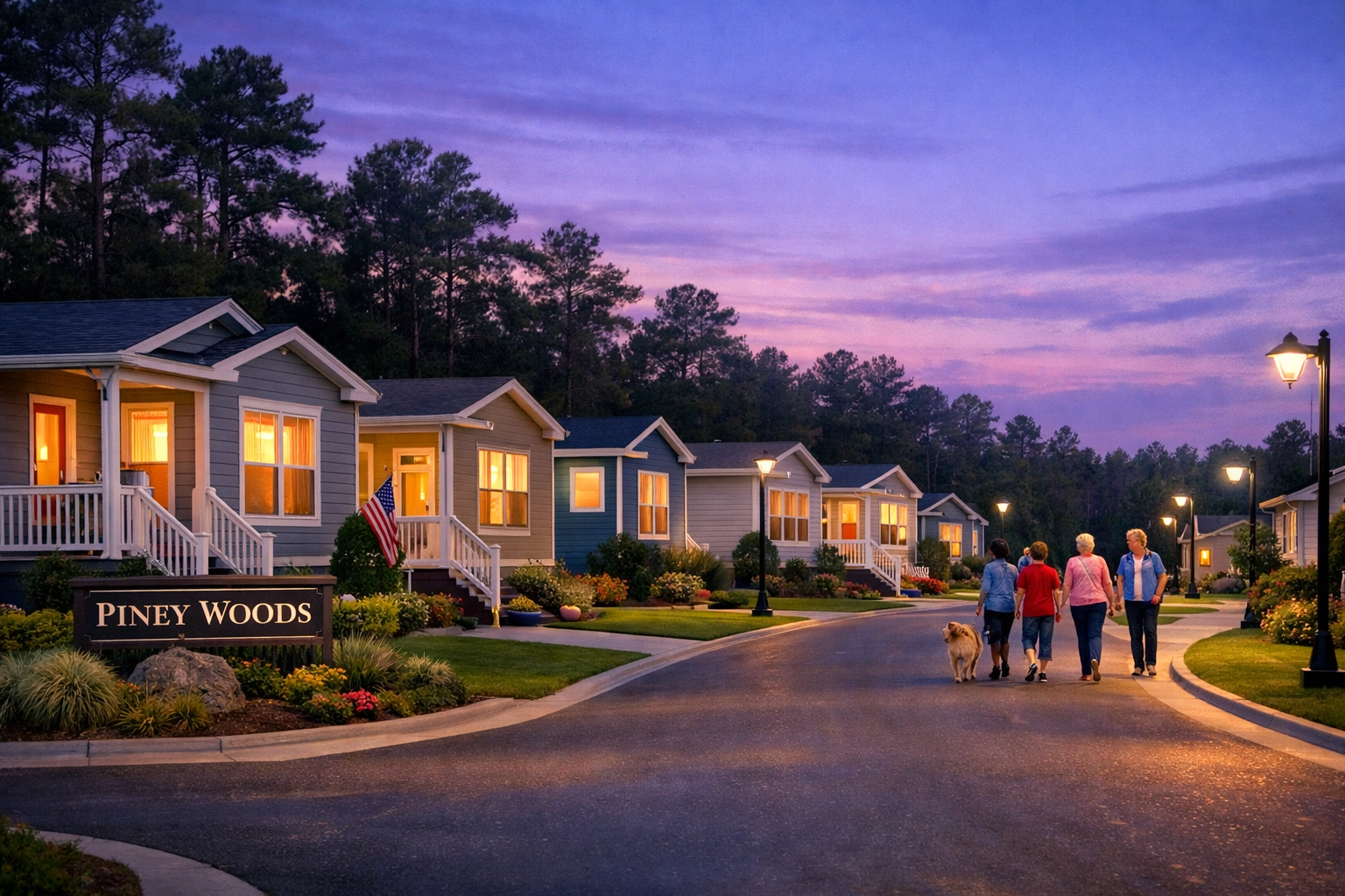 The Piney Woods community at dusk featuring modern, energy-efficient manufactured homes in Crosby, Texas.