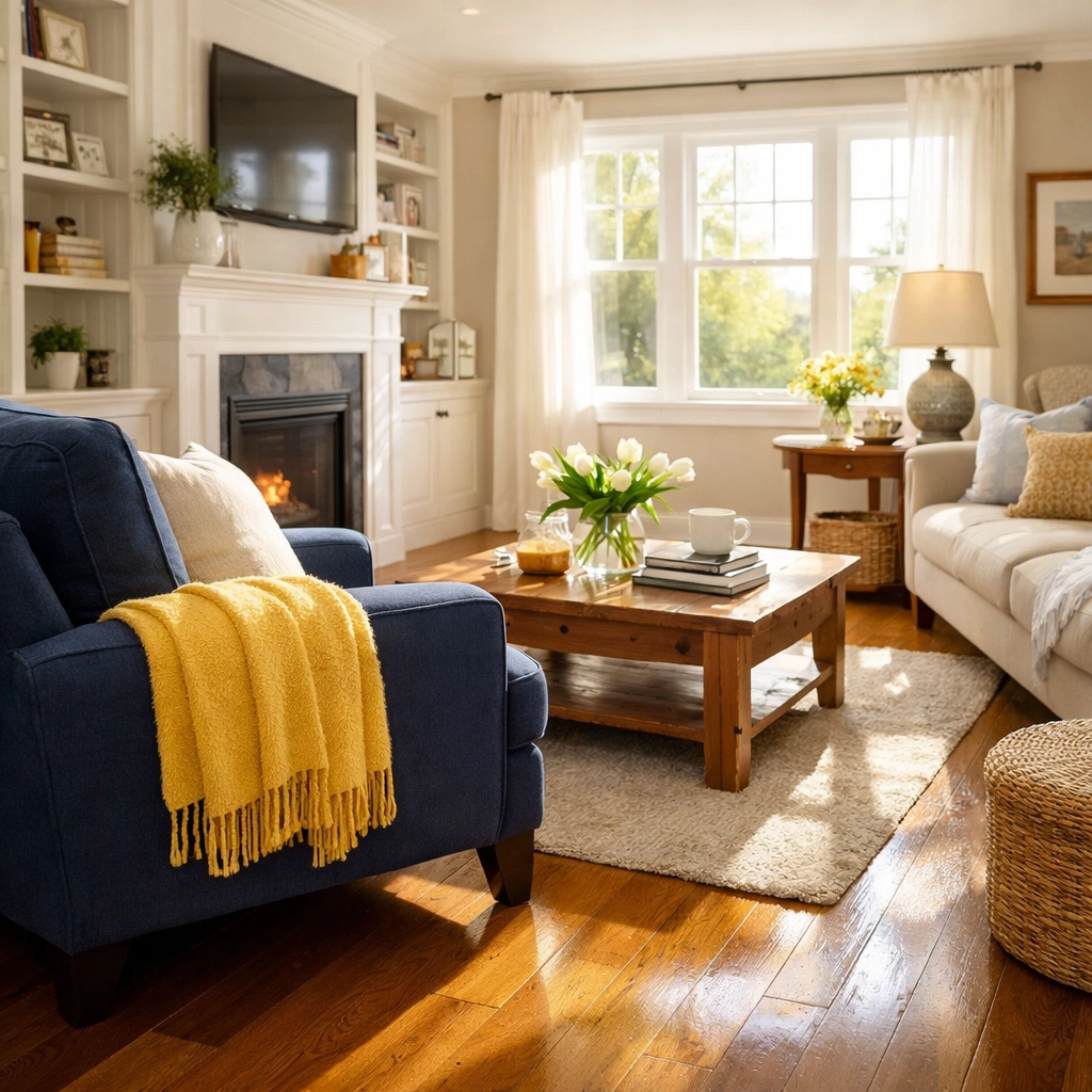 A clean, dust-free living room in Leominster showing the results of professional house cleaning services.
