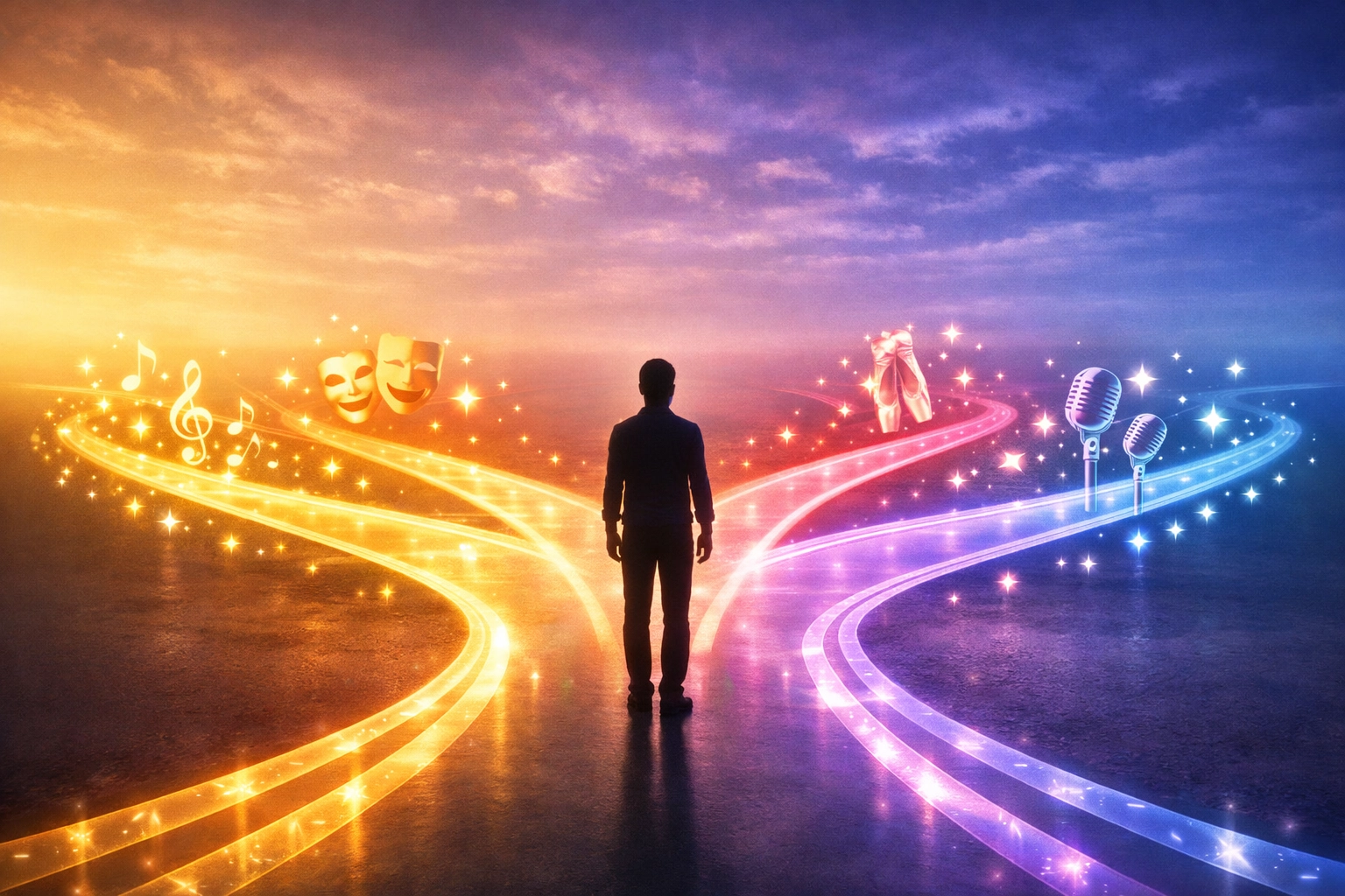 Figure at crossroads choosing different paths representing Kylie's career transformation as gay icon