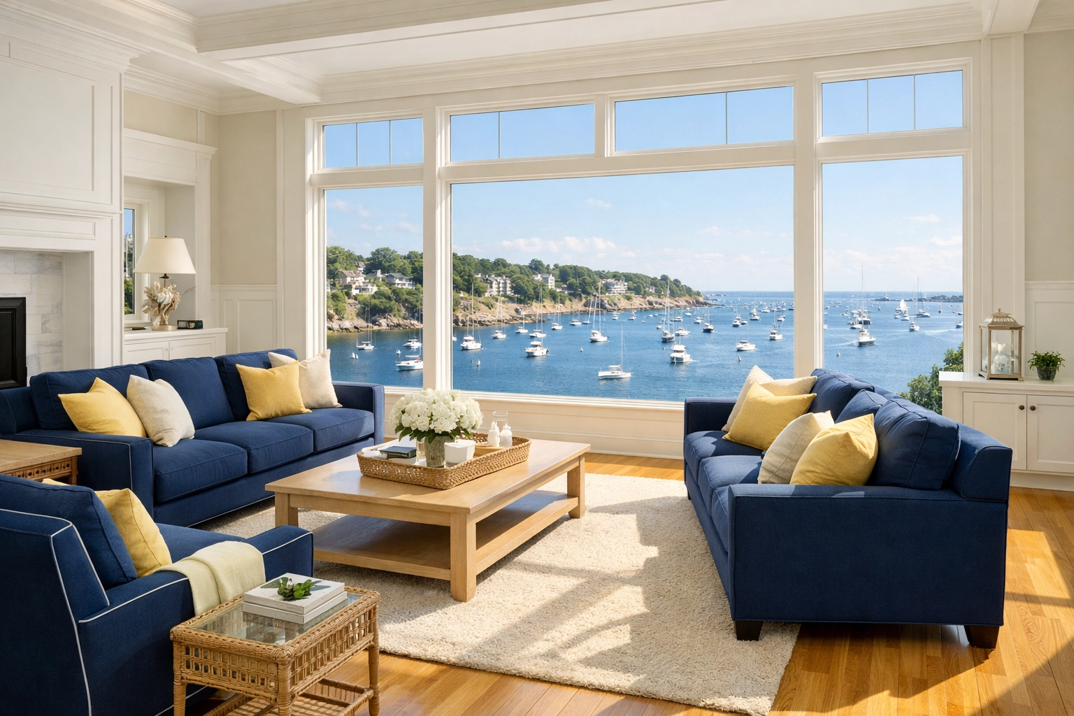 Sun-drenched coastal living room in a Marblehead estate with harbor views after luxury cleaning.