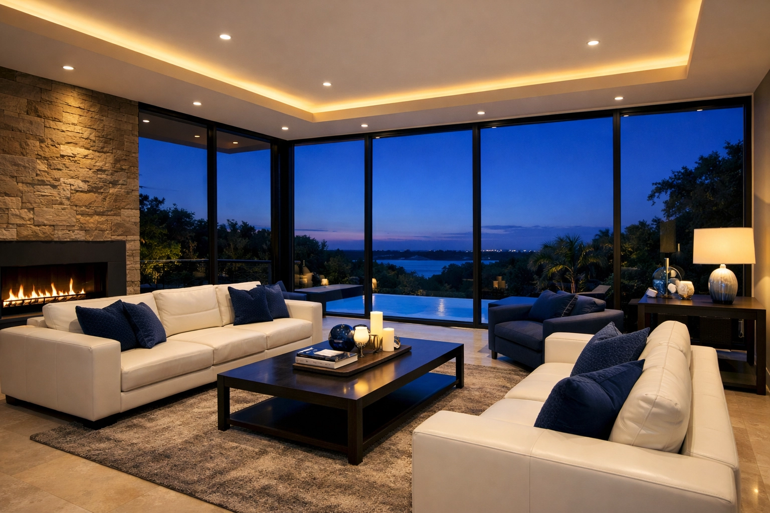 Pristine Weston living room at twilight cleaned using a customized checklist for large estates.