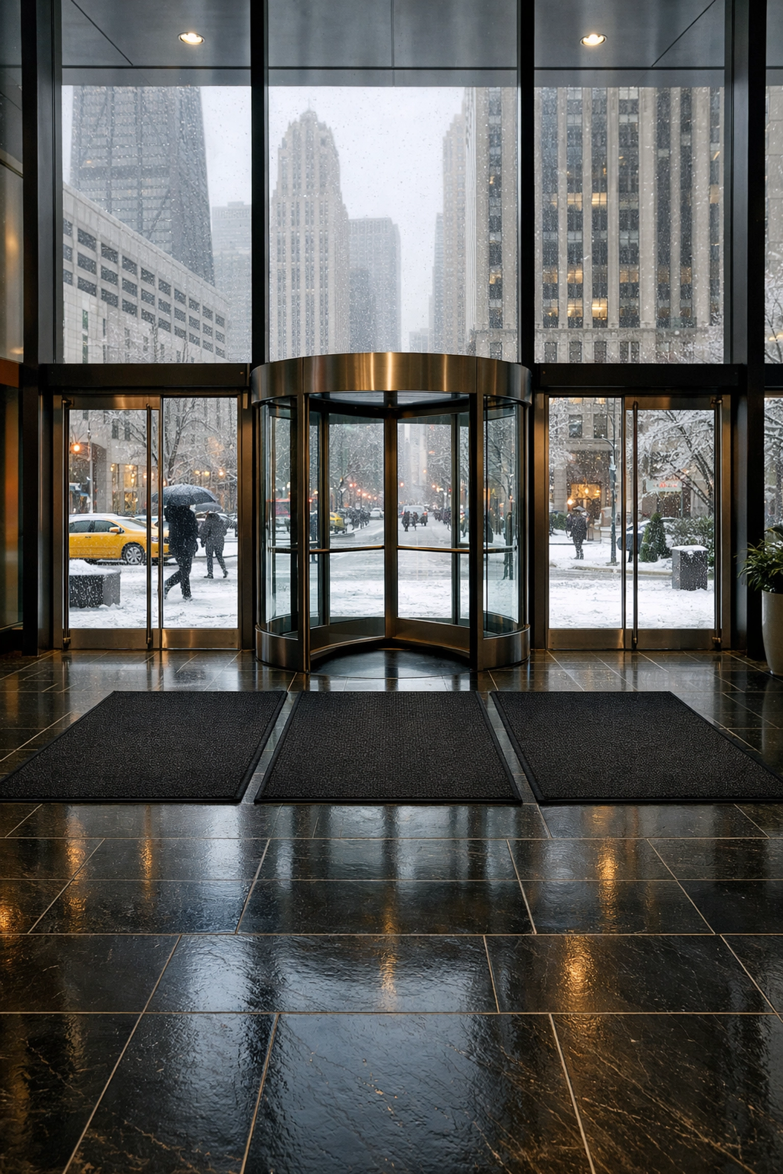 Spotless Chicago commercial entrance floors during a winter snowstorm with protective floor mats.