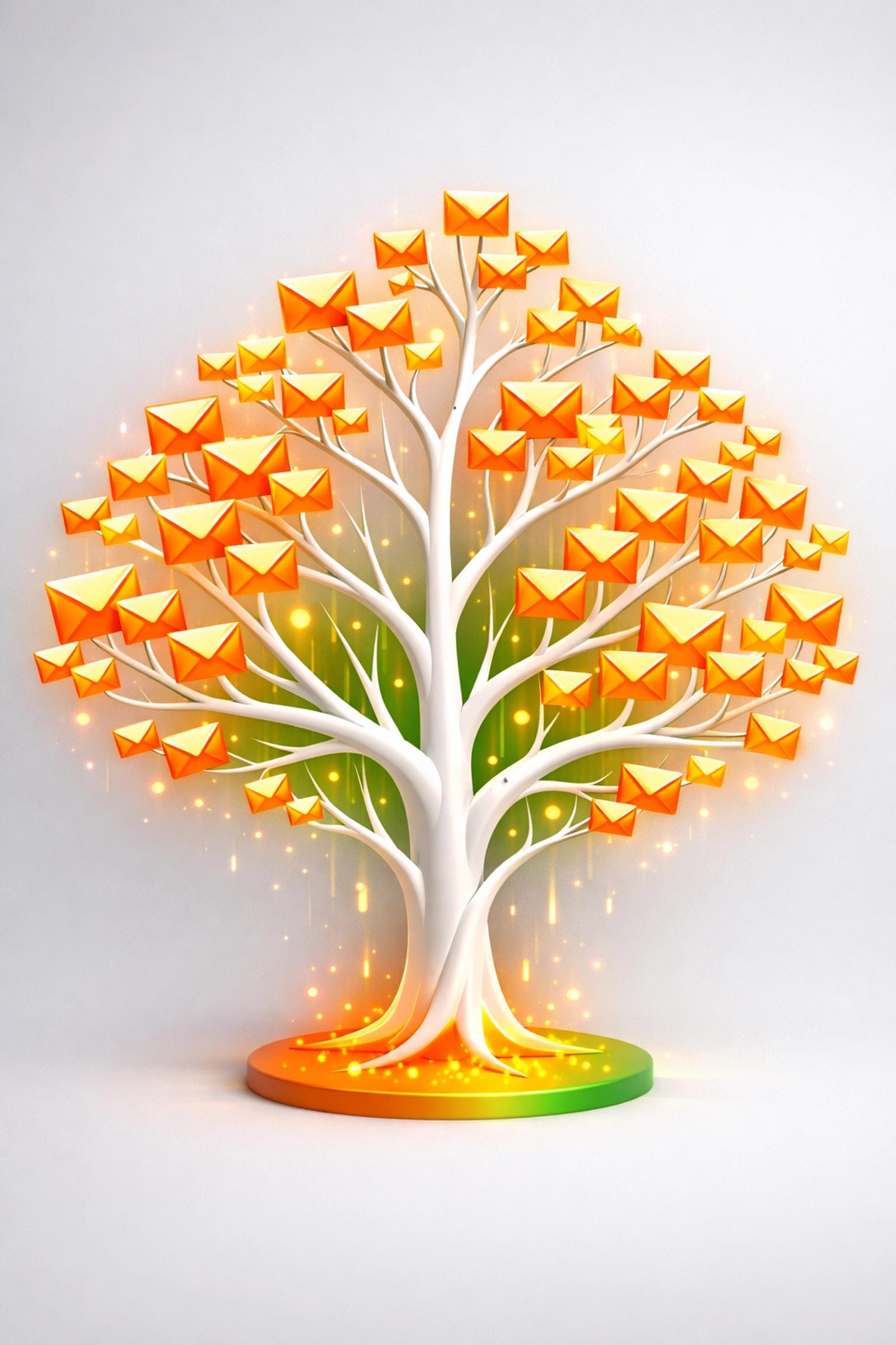 Digital growth tree with branching envelopes illustrating a viral newsletter referral program and subscriber growth.