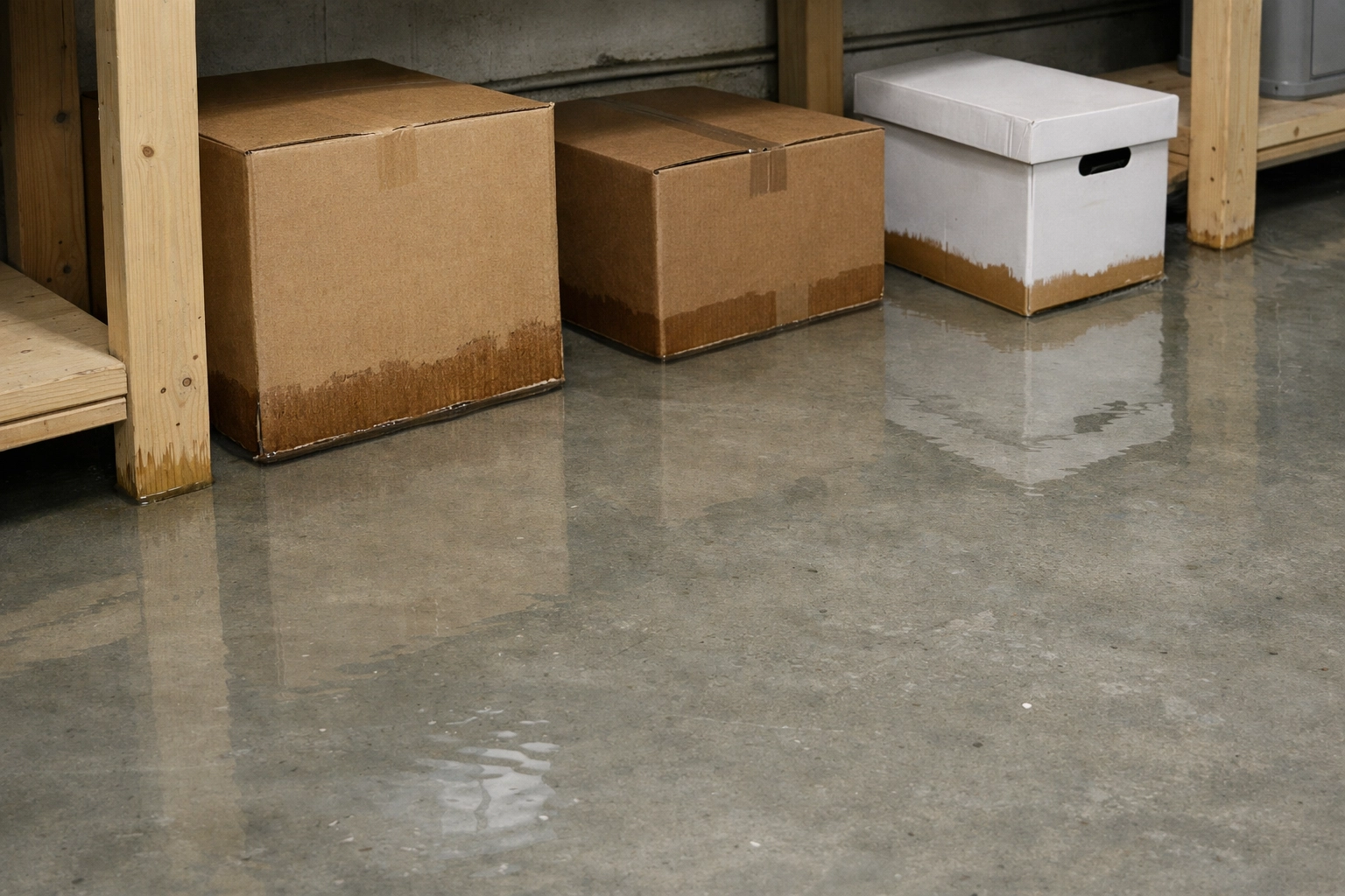 Standing water flooding a residential basement floor in Cornelius NC after a pipe burst.