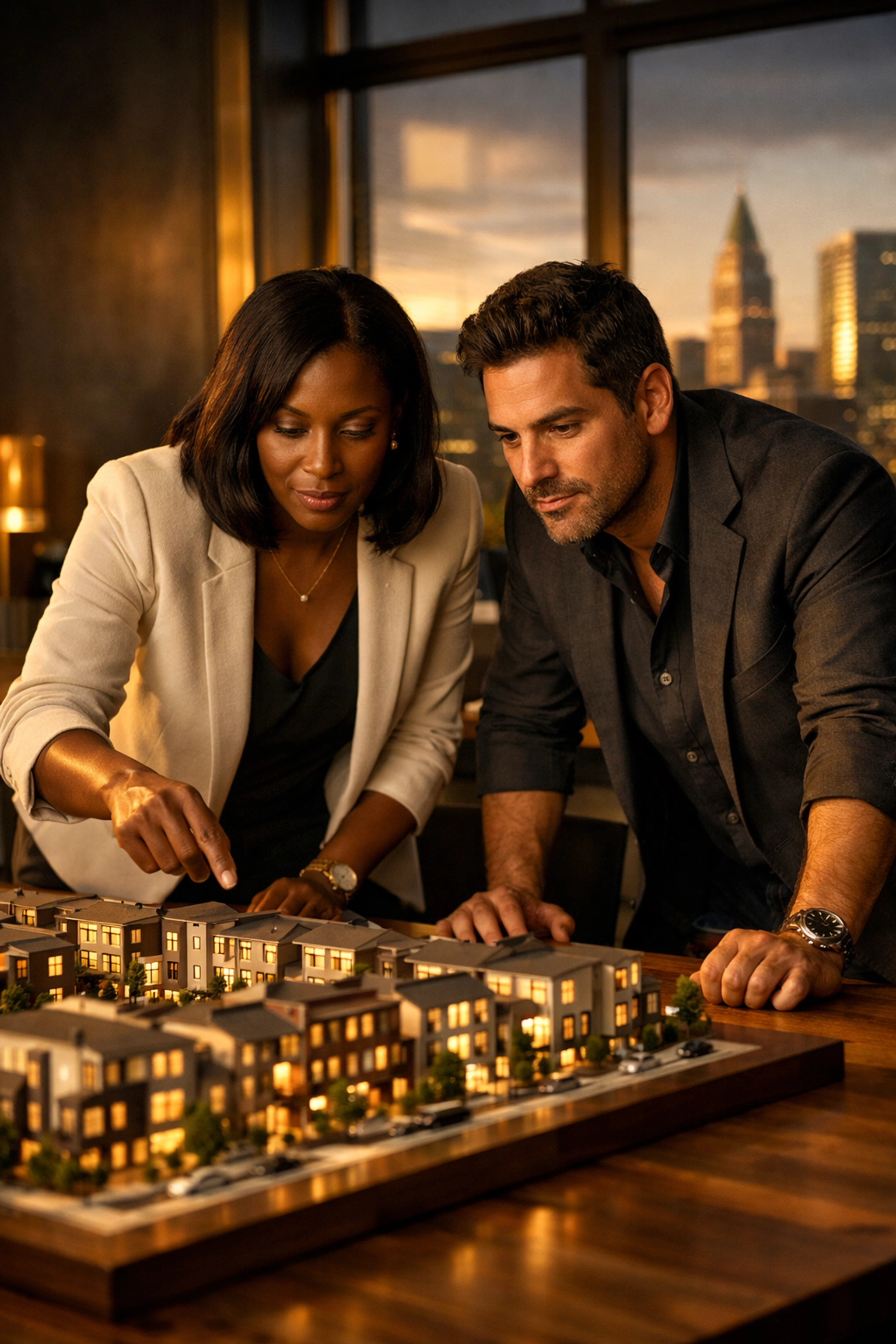 Real estate experts reviewing a townhome model for urban neighborhood revitalization and sustainable growth.