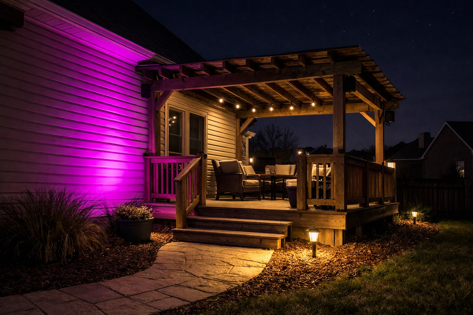 Outdoor Audio Systems 101: A Beginner’s Guide to Mastering Your Backyard Sound Small outdoor speakers mounted on a pergola with professional architectural lighting in a Lexington, KY backyard.