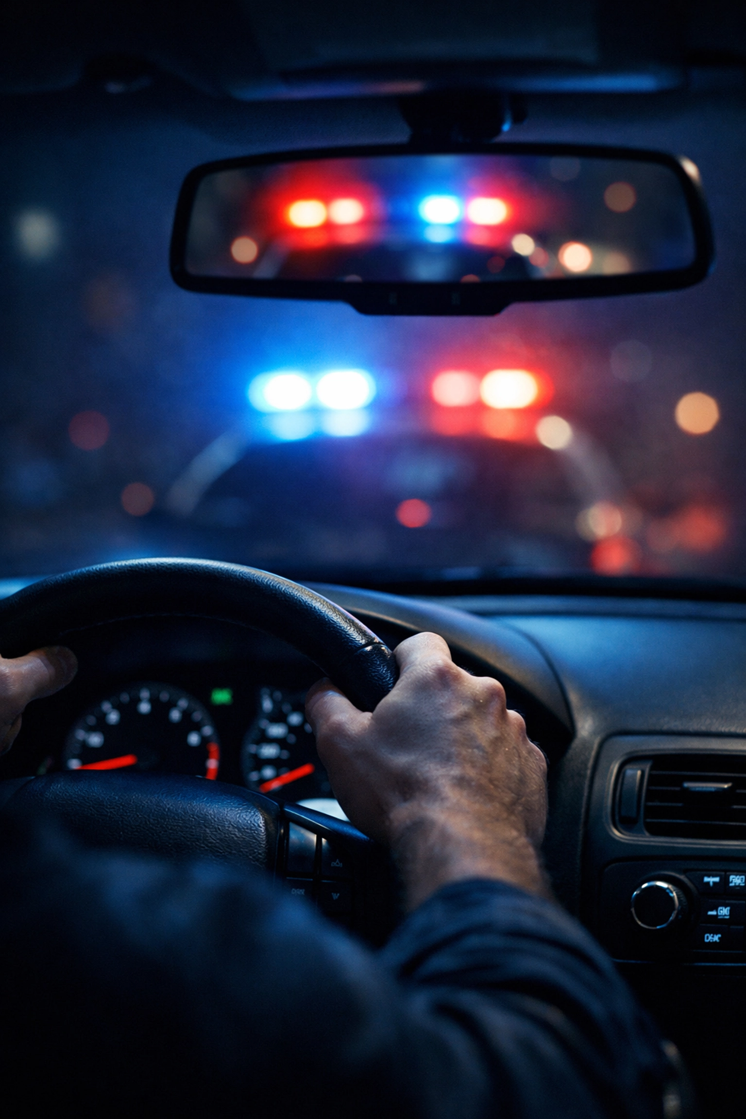 Driver facing DUI stop with police lights in rearview mirror