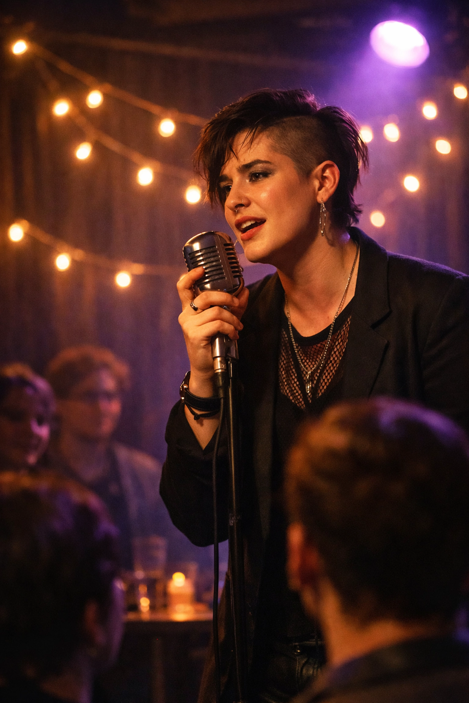 A non-binary performer sharing a story at a queer open mic night, fostering LGBTQ+ community building.