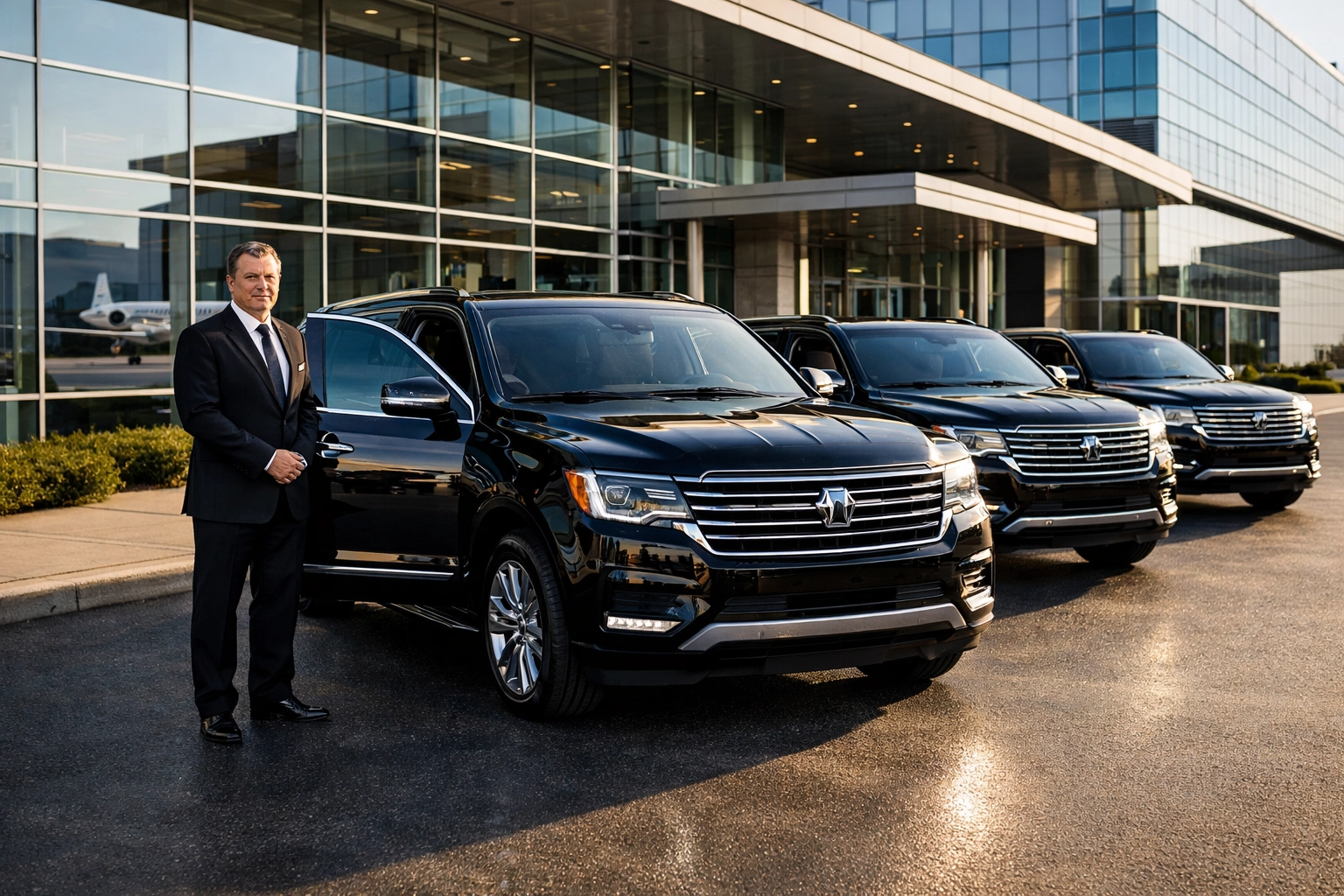 Fleet of luxury SUVs and chauffeur at a private airport terminal for Super Bowl VIP corporate travel.