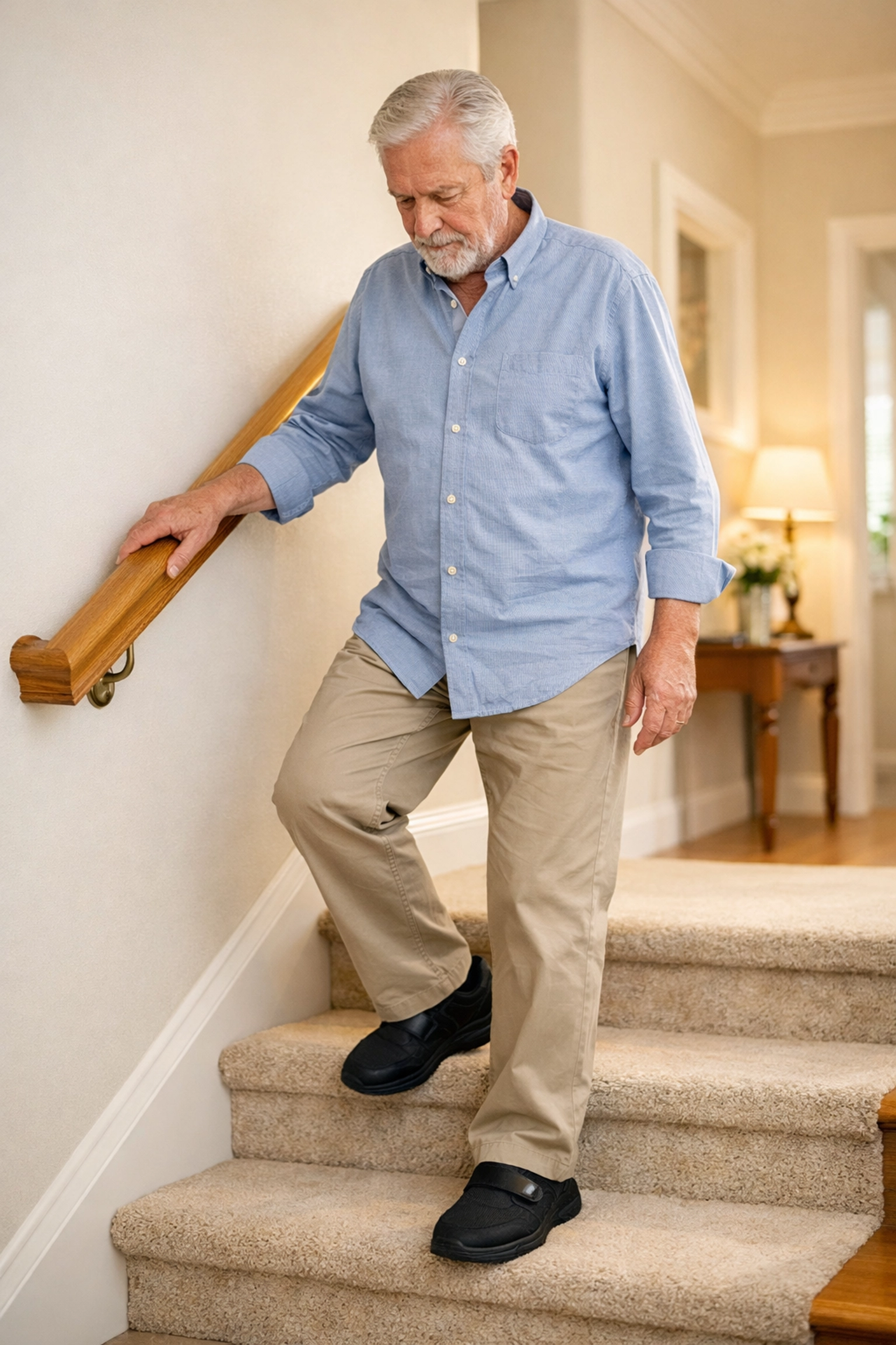 Senior man safely using a handrail while descending home stairs in supportive, non-slip footwear.