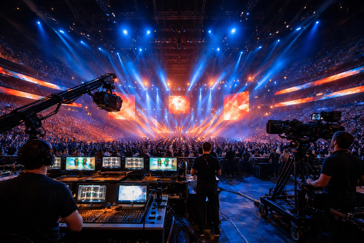 Live event production team setting up cameras and lighting in a busy broadcast arena