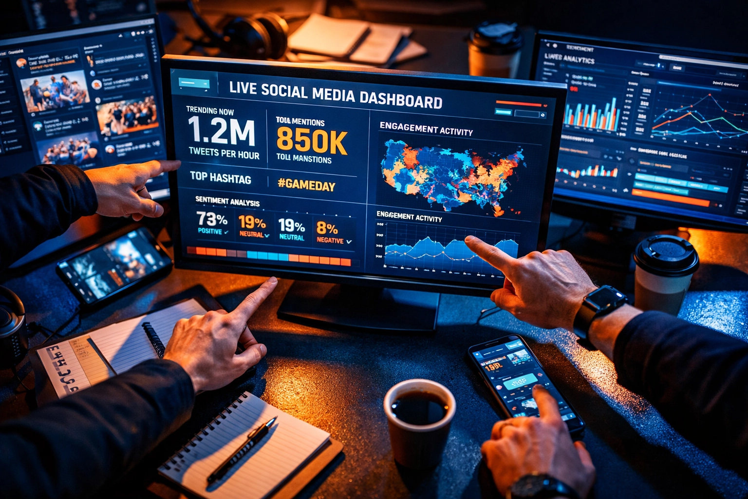 Marketing team monitoring Super Bowl social media analytics and engagement metrics during 72-hour activation