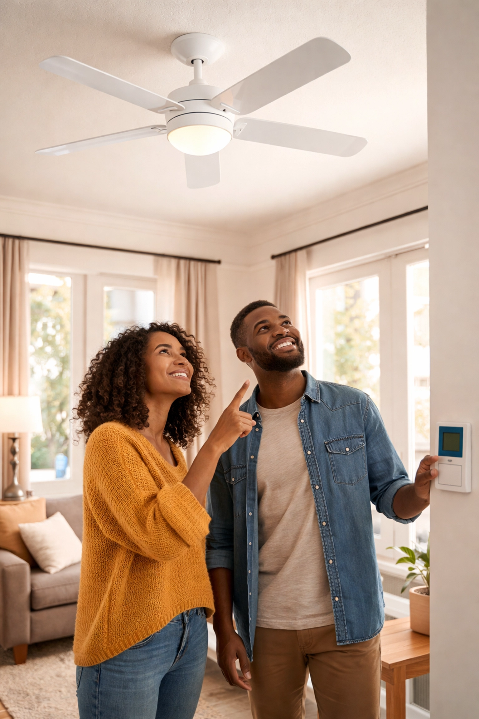 African American couple in a modern Atlanta living room, looking at ceiling fan to improve winter heating efficiency
