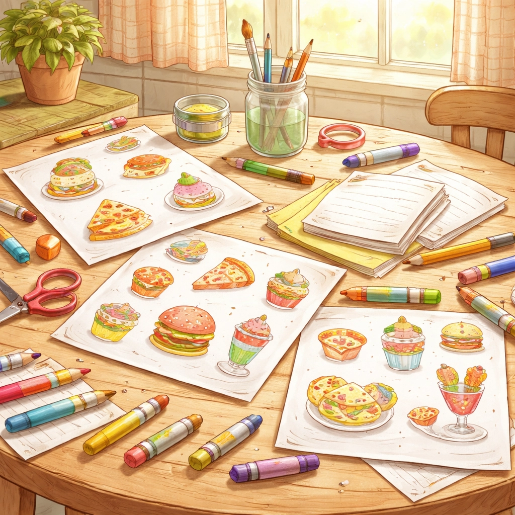 A cozy craft table with paper, crayons, and homemade picture menus for kids’ pretend restaurant play.