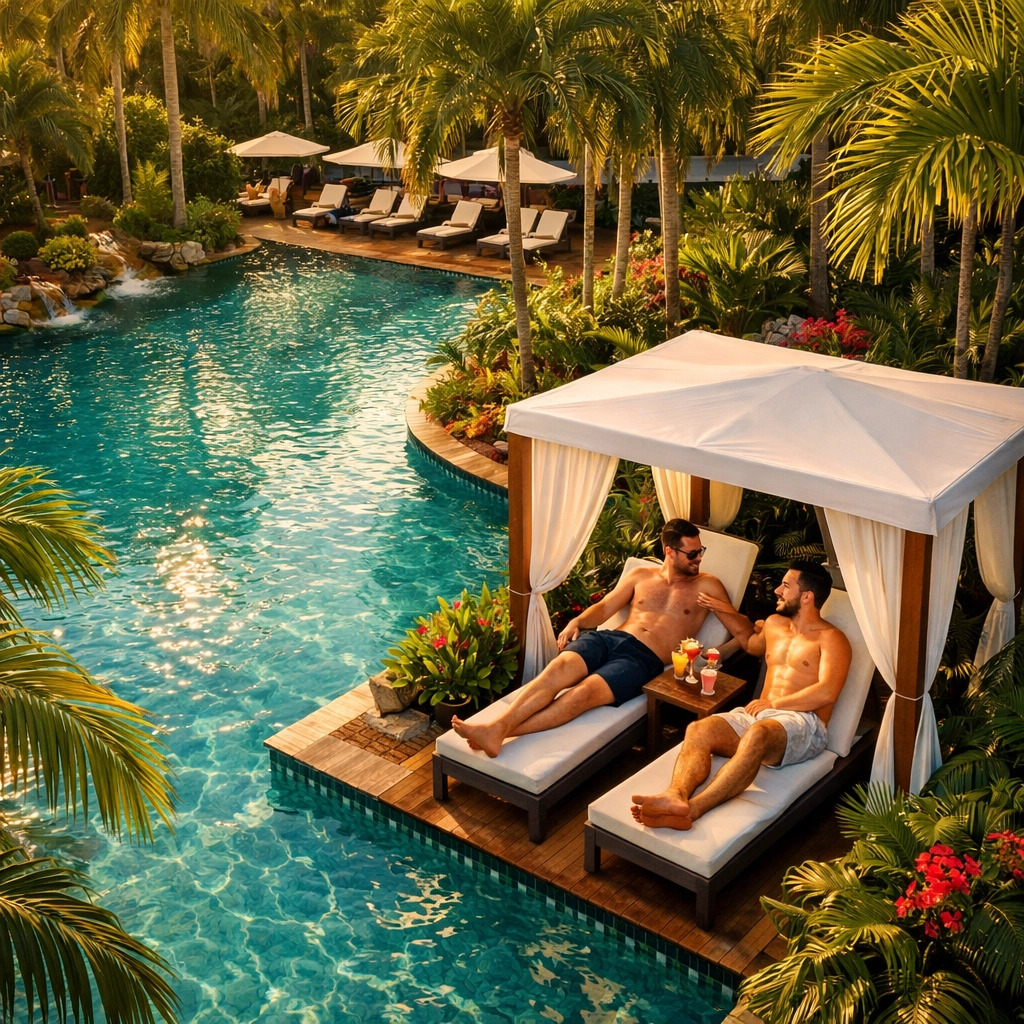 Luxury gay resort pool in Fort Lauderdale with tropical landscaping and private cabanas