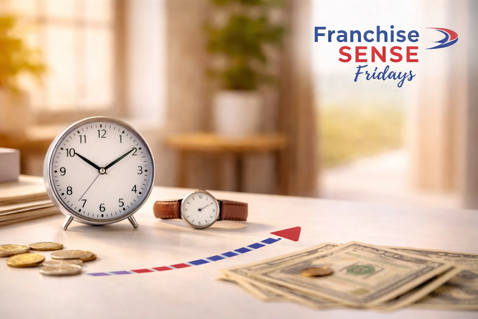 A sleek modern clock in bright natural light, representing time and taking action toward franchise ownership.