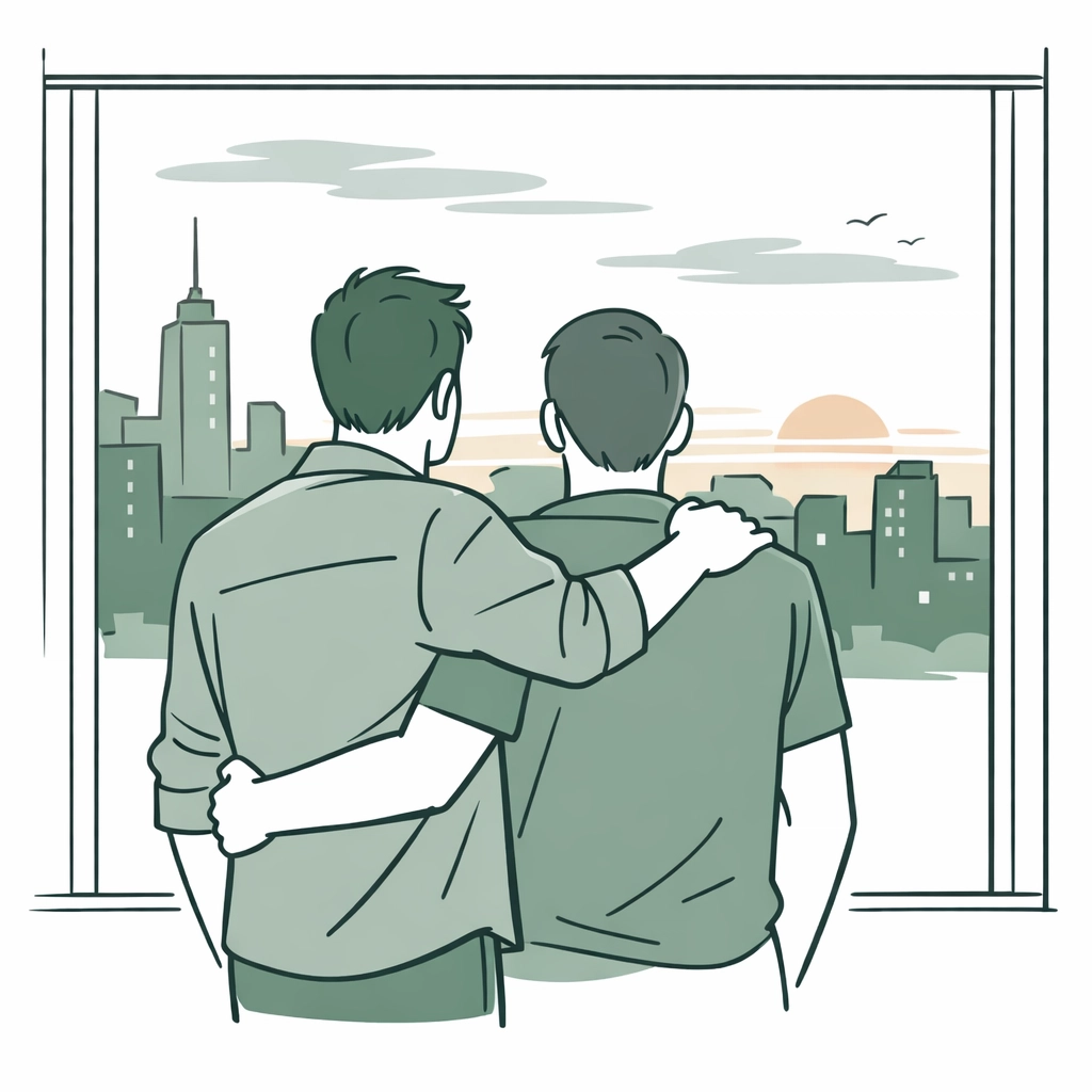 Two men standing in solidarity together, illustrating the support systems necessary for safe trans visibility.