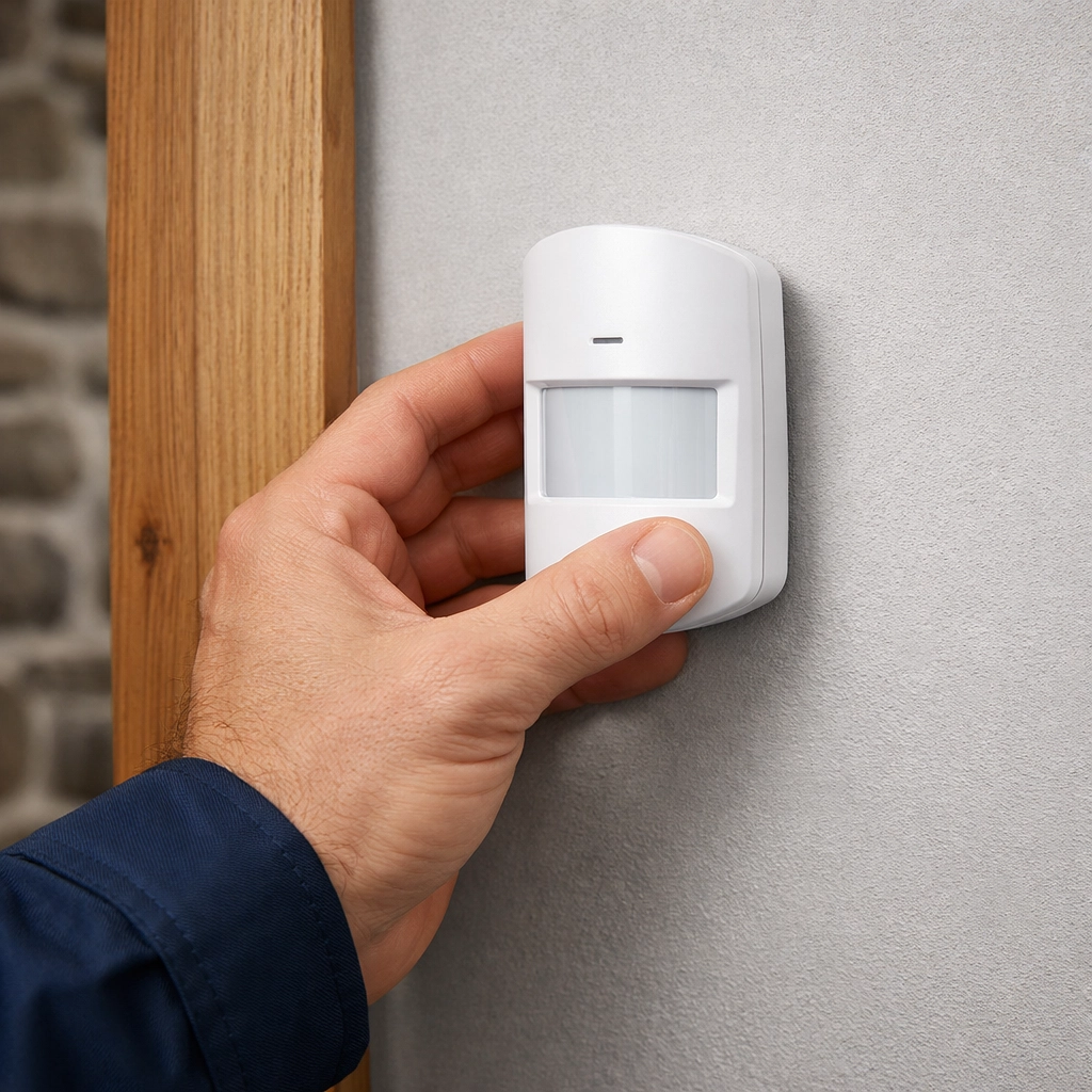 Professional intruder alarm installation in Chepstow featuring a wireless motion sensor mounted by an expert.