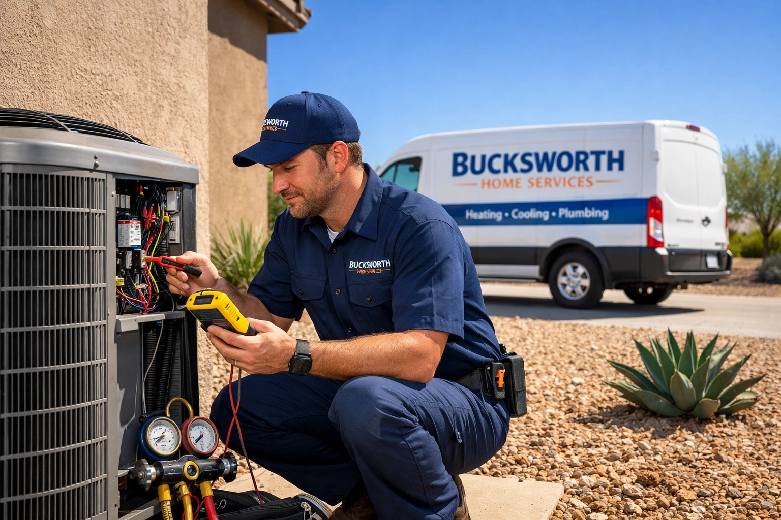 Bucksworth technician performing an HVAC tune up in Casa Grande AZ on a residential outdoor AC unit.
