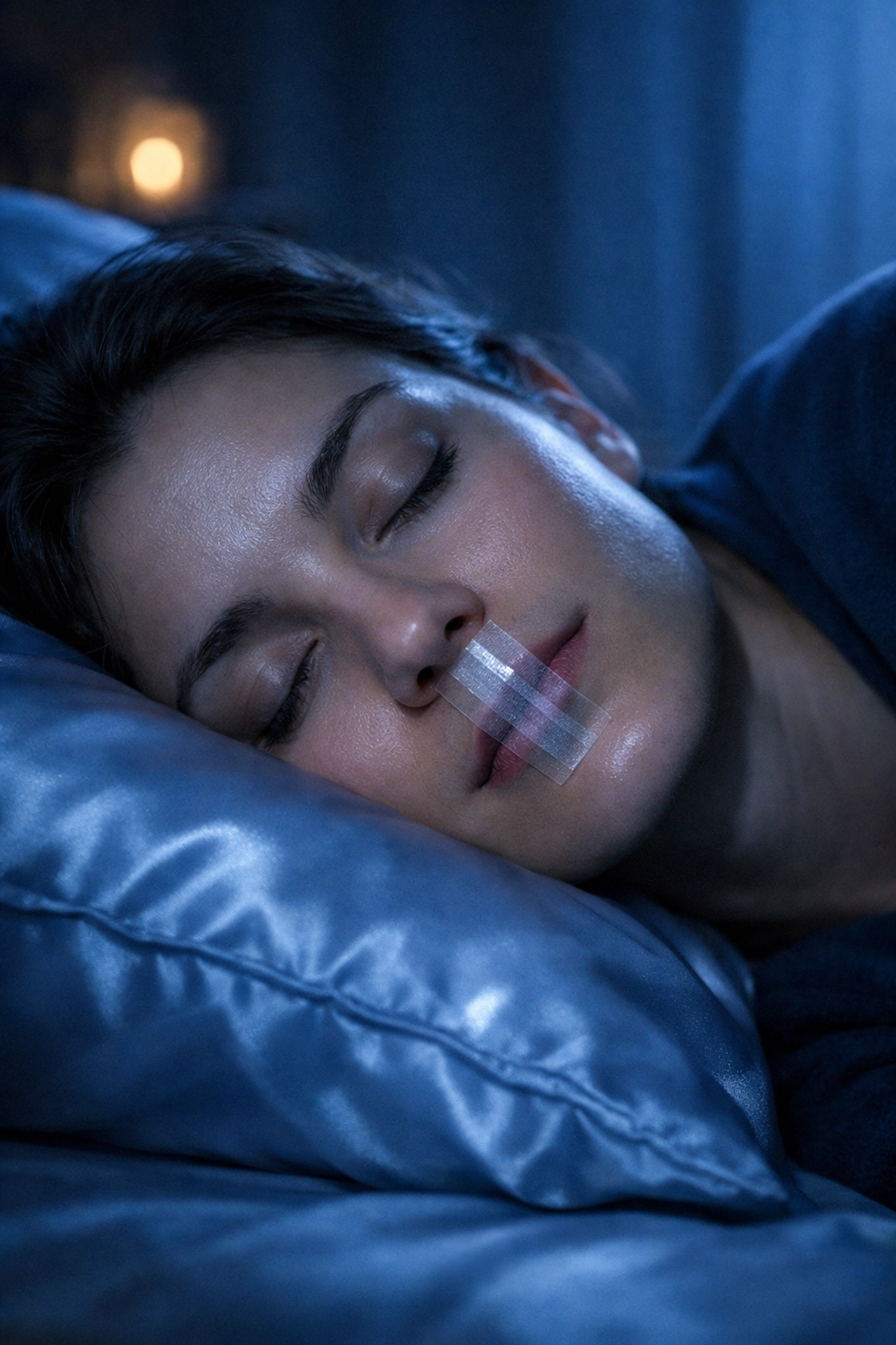 Close-up of a person using mouth tape during sleep to encourage nasal breathing and better REM cycles.