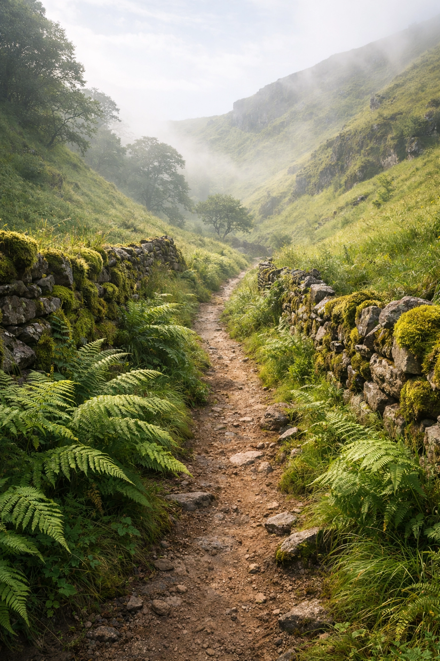 A misty, quiet walking trail through a lush green valley in the Peak District, perfect for guided hiking tours UK.