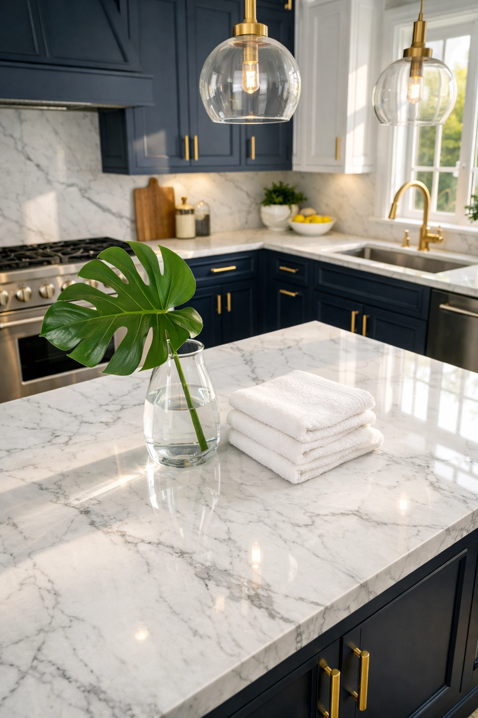 Eco-friendly cleaning for luxury white marble countertops in a modern Lincoln kitchen.