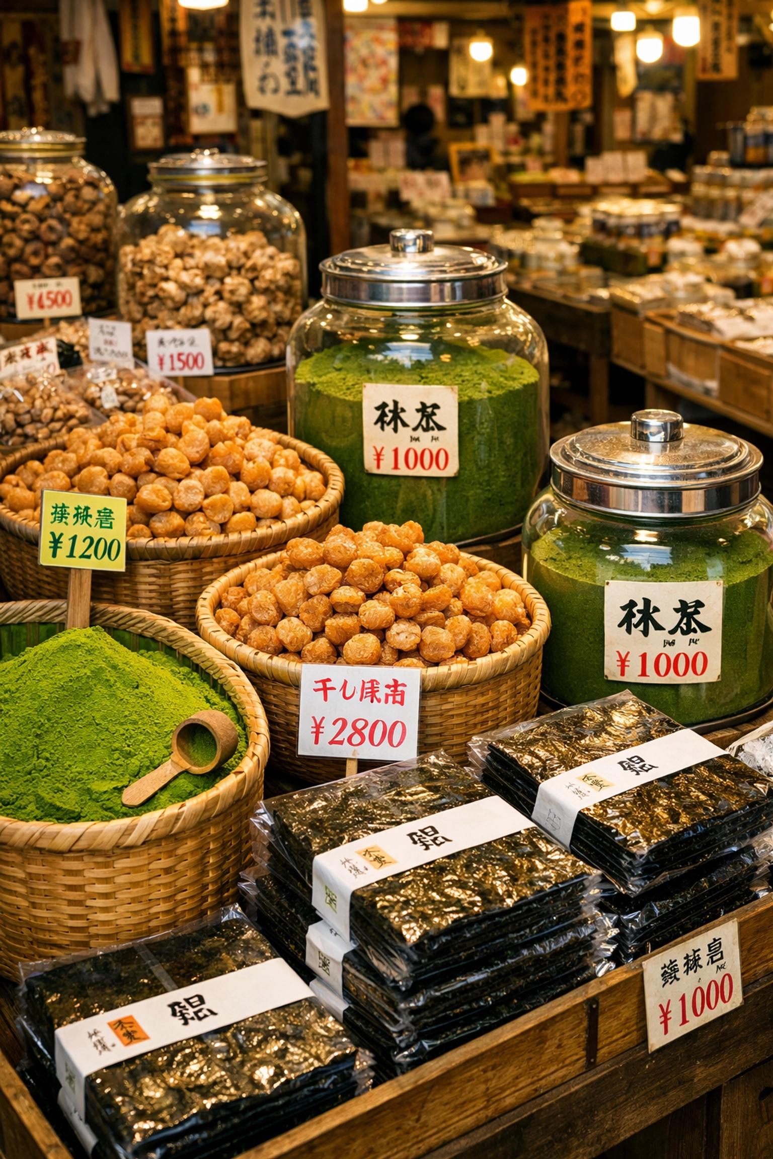 Traditional stall at Tsukiji selling bulk matcha tea powder, nori, and dried scallops.