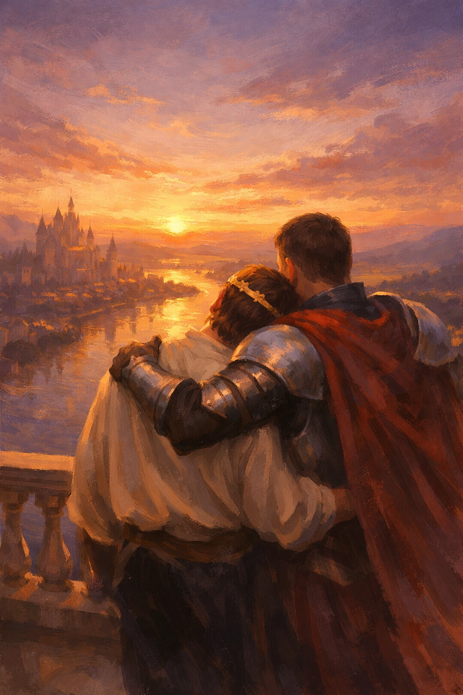 A weary prince leaning on his paladin protector during a sunset on a royal palace balcony.