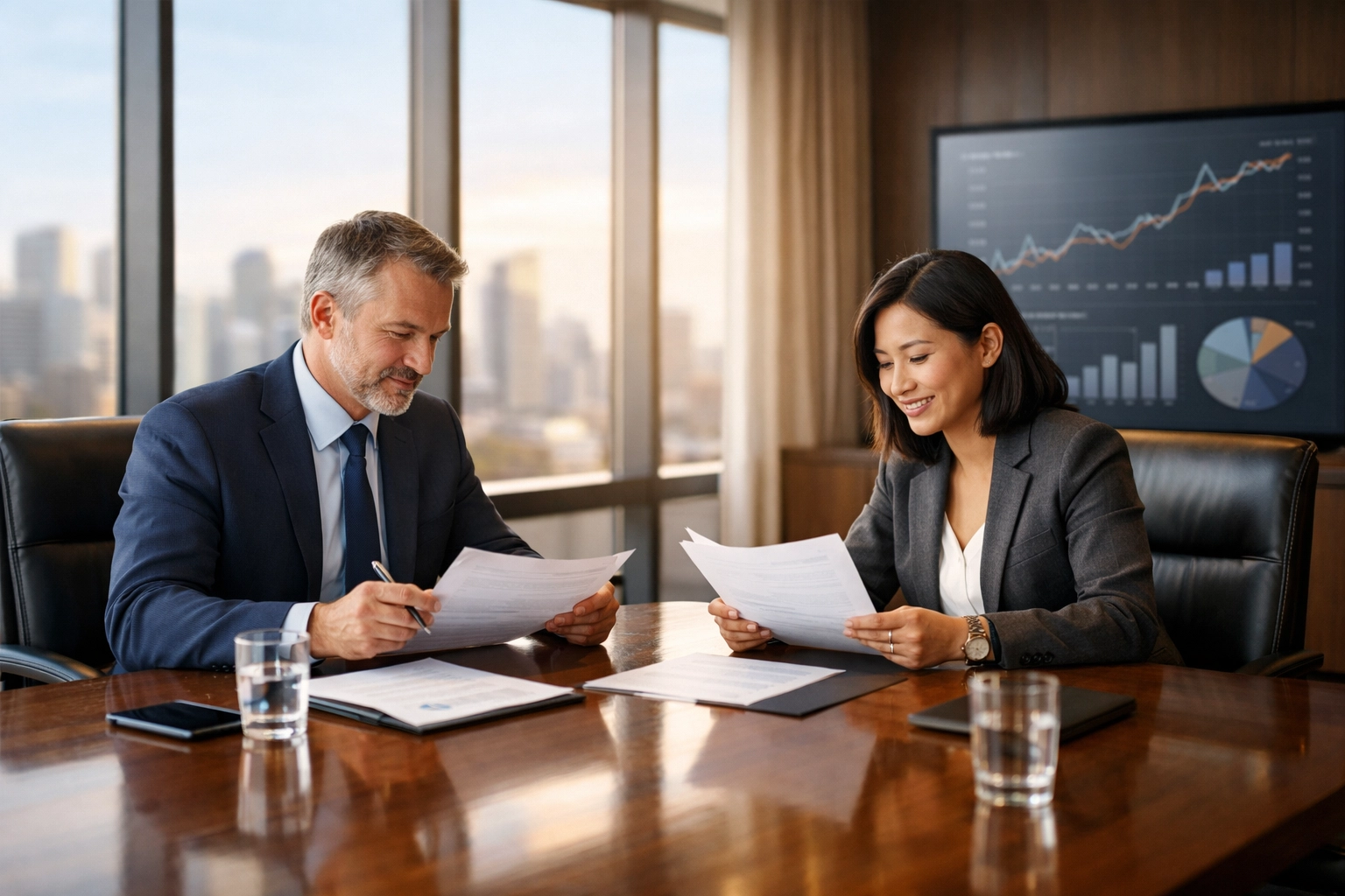 Business executives reviewing commercial due diligence documents in modern boardroom