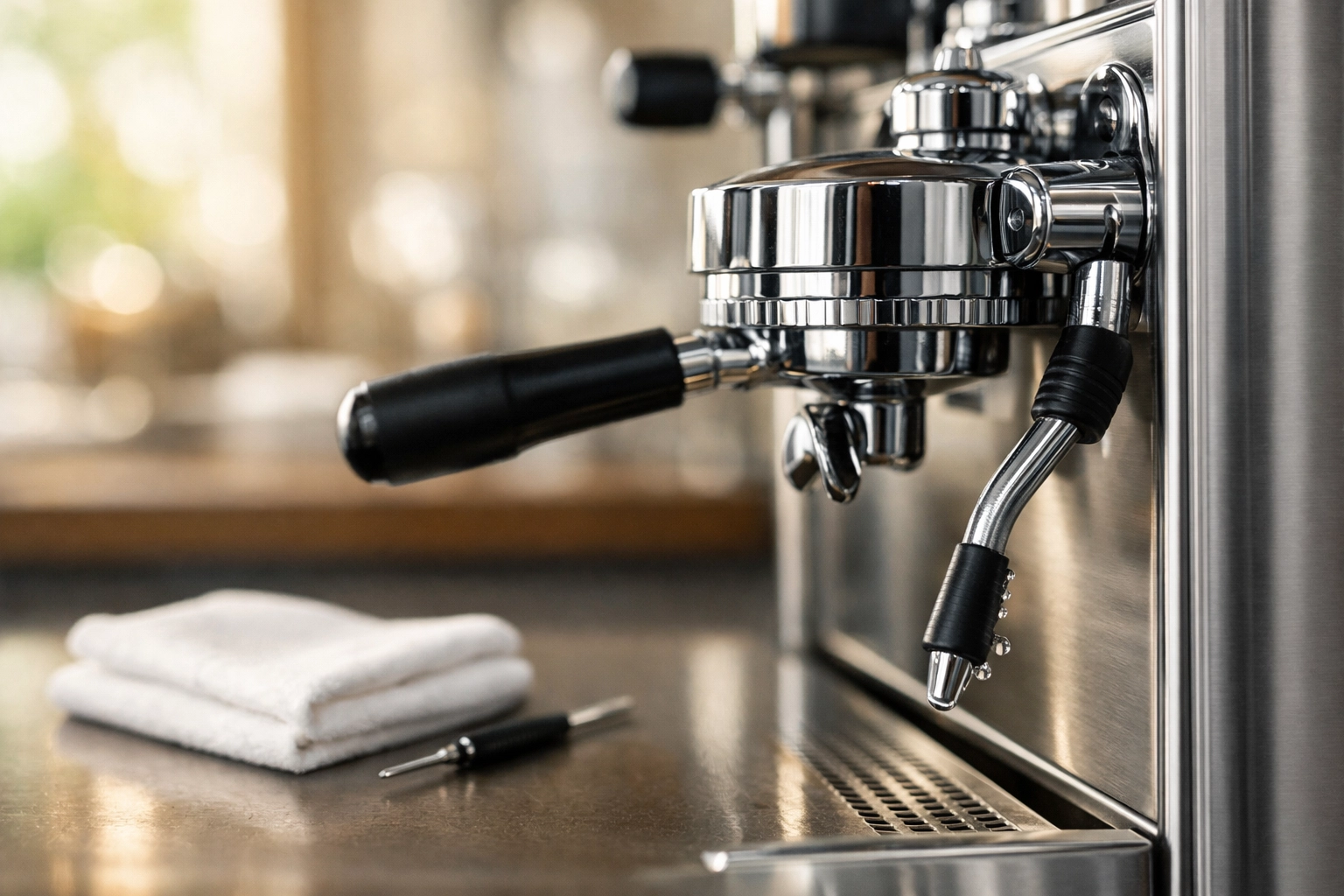 Commercial espresso machine with maintenance tools, illustrating technical support for coffee shops.