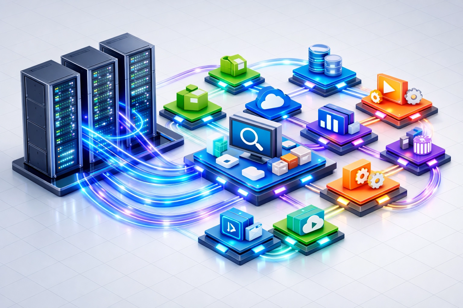 ServiceNow infrastructure automation visualization showing Discovery and workflow orchestration pathways