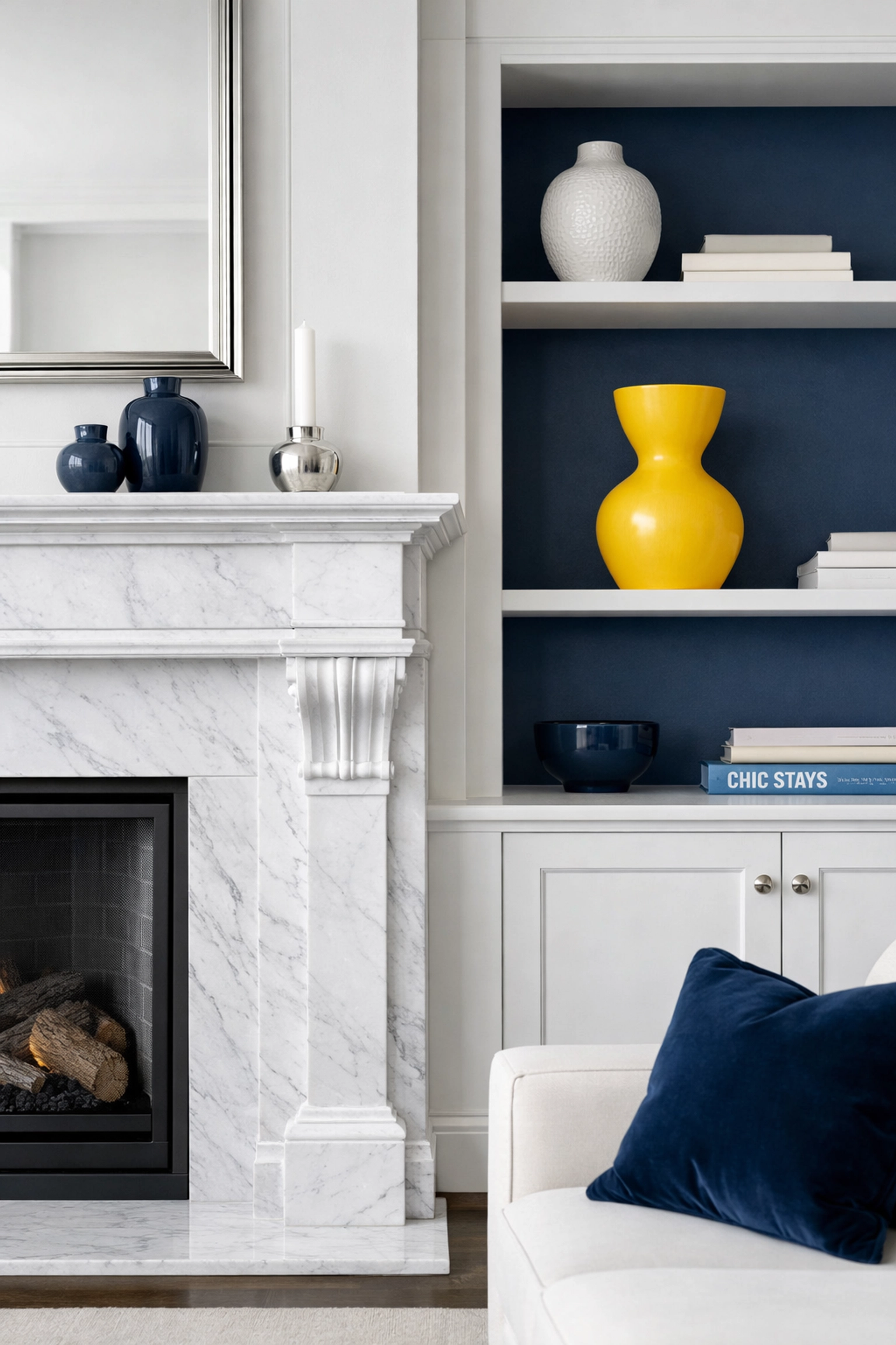 Pristine living room with dusted shelves and marble fireplace from premium house cleaning in Cambridge MA.