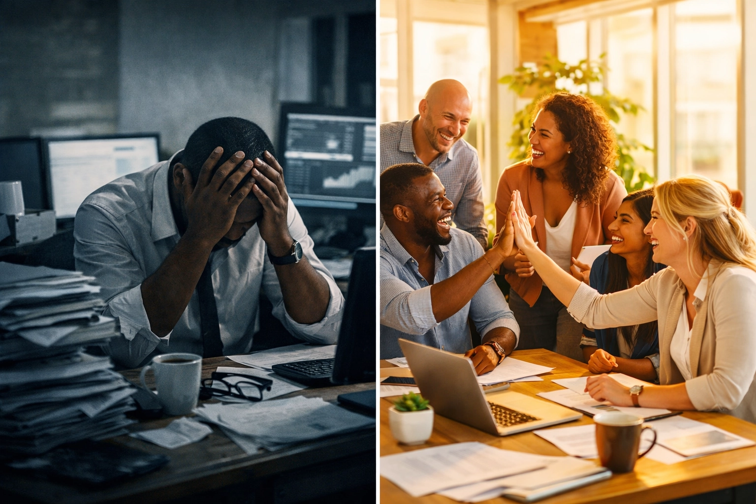 Employee burnout from understaffing versus energized well-staffed workplace team