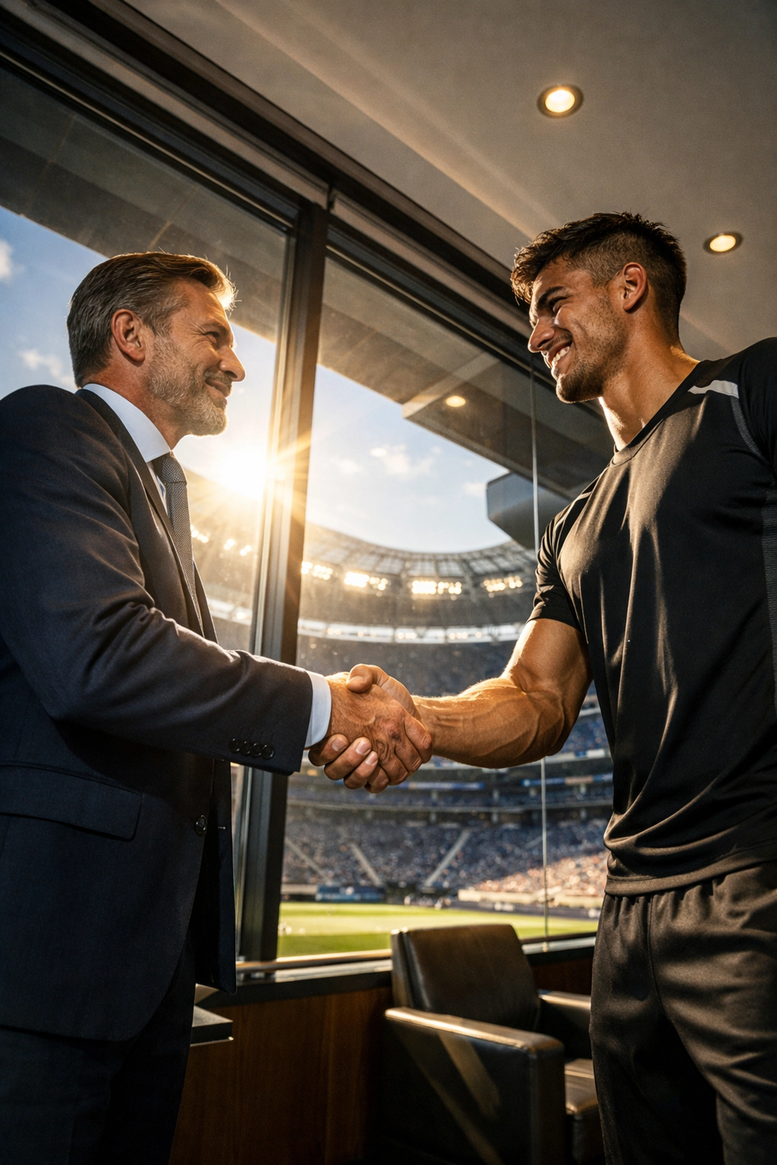 A sports executive and athlete shaking hands in a stadium suite representing a successful marketing partnership.