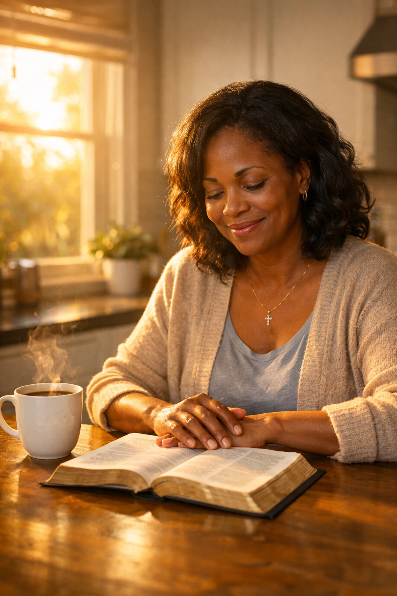 Woman reading Bible in morning light experiencing peace and divine wisdom from God