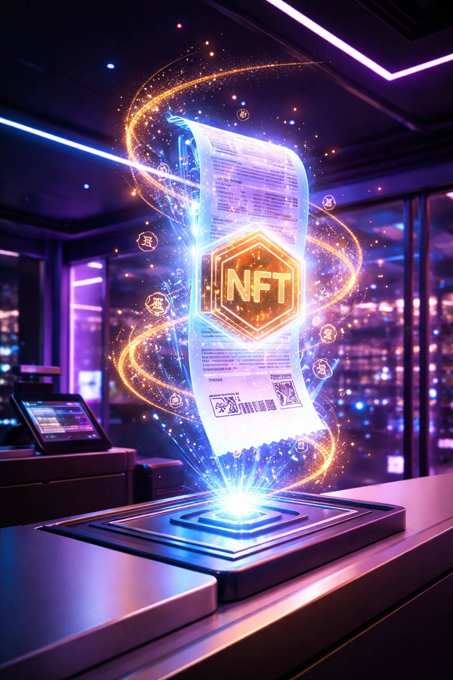 A digital receipt transforming into an NFT token at a futuristic checkout, showcasing Larecoin’s blockchain payment innovation.