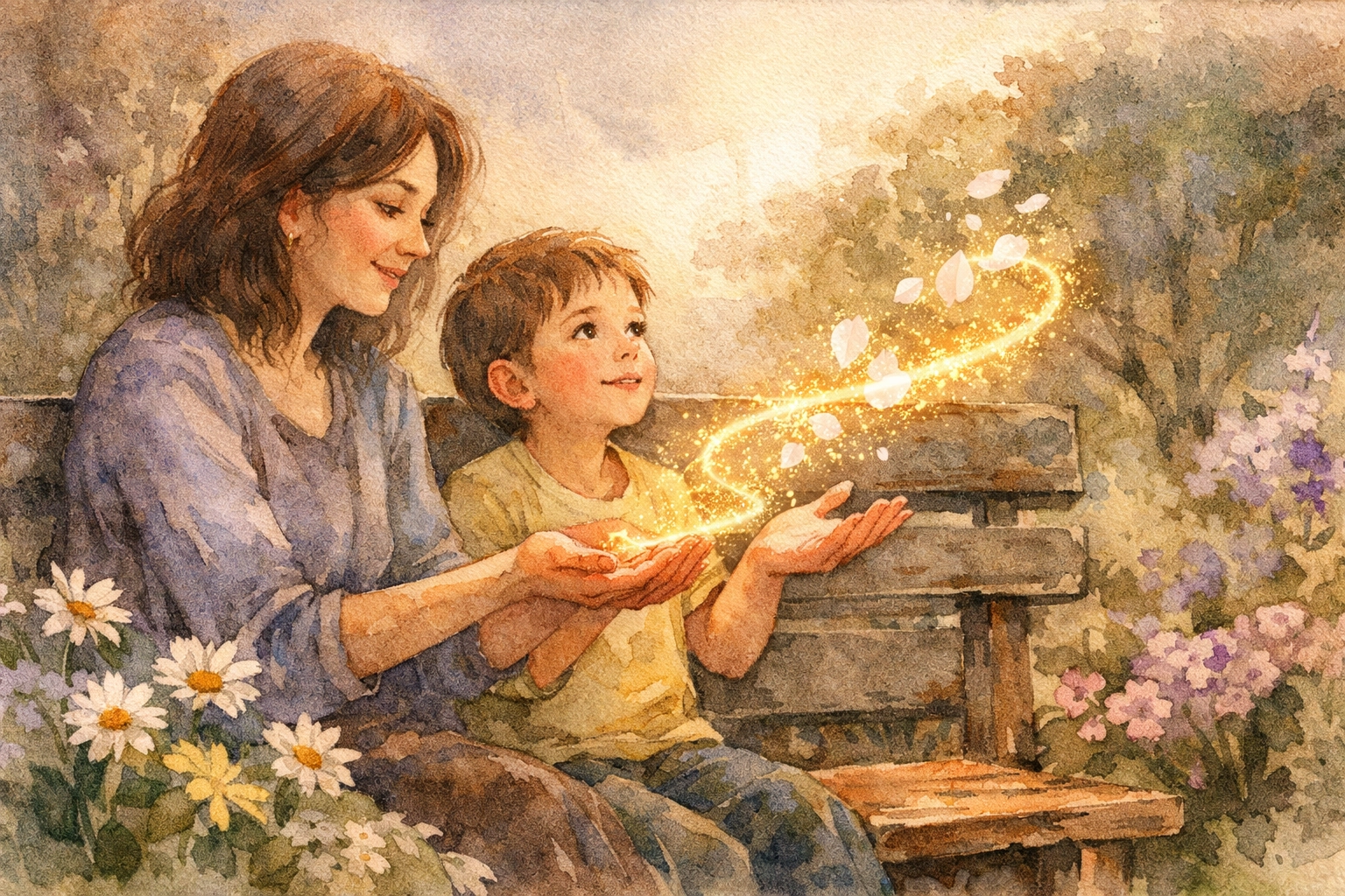 Mother and child in a garden with glowing light representing the Holy Spirit’s presence and guidance.