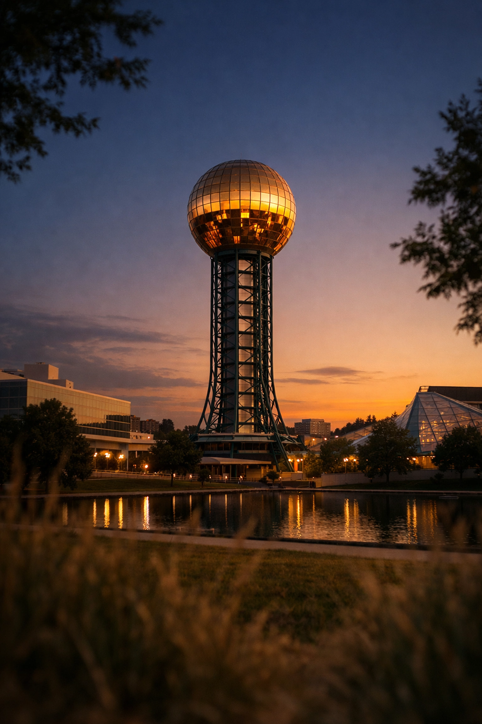 The iconic Knoxville Sunsphere at sunset, representing local brand strategy and community connection.